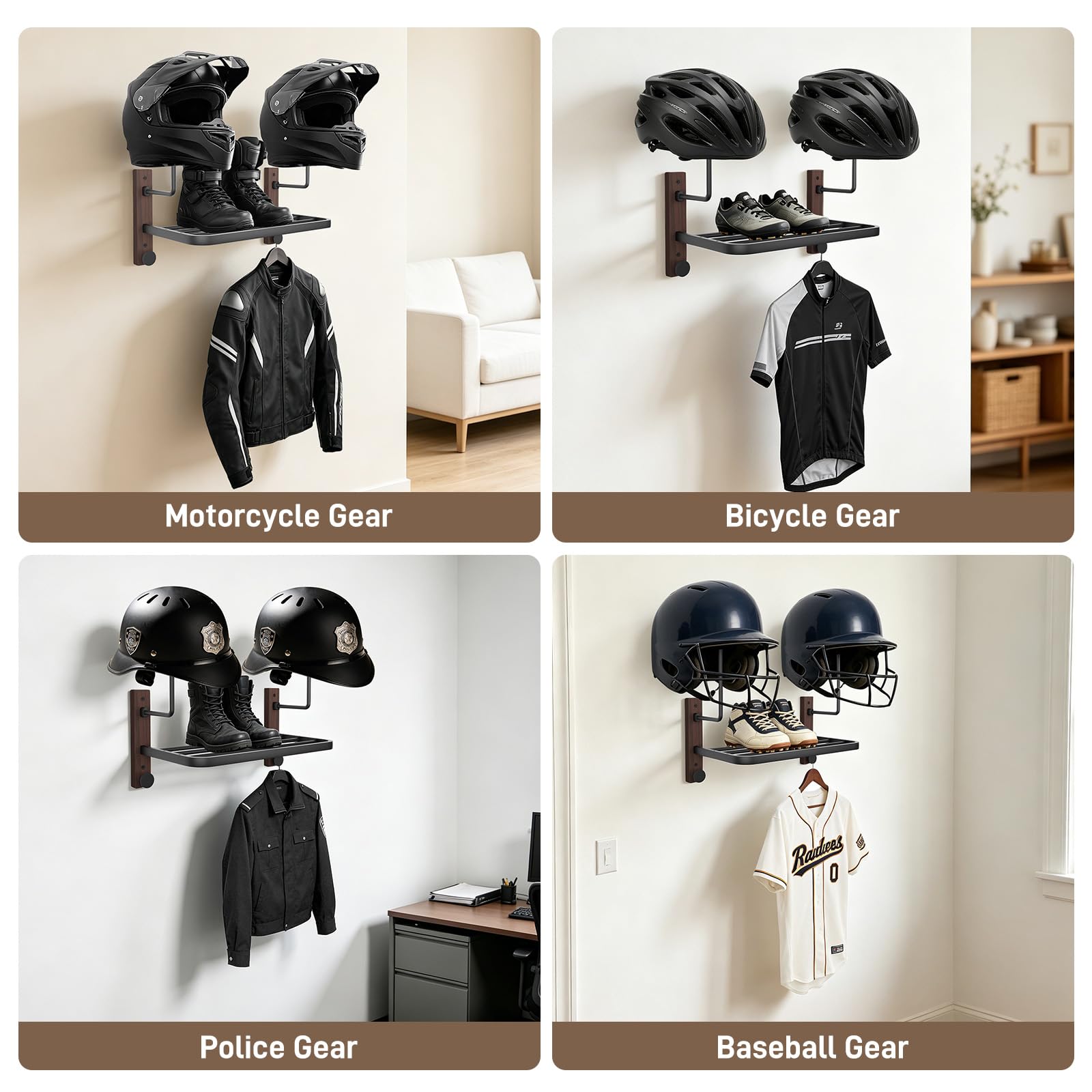 Support Casque Moto, Porte Casque Mural Avec Crochets et étagère pour Casquette et la Veste au Mur, Accessoires de Rangement en Bois Naturel et Acier pour Équipement Moto