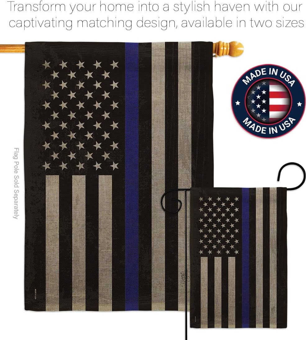 US Blue Stripe Burlap Garden Flag - Set Wall Hanger Armed Forces Police Cop Law Enforcement Sheriff Officer Line Support - House Decoration Banner Small Yard Gift Double-Sided Made In USA 13 X 18.5