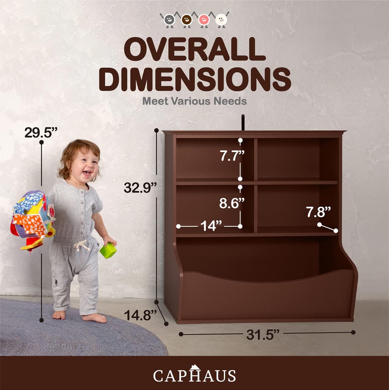Diagram showing the overall dimensions of the CAPHAUS Kids' Toy Storage Organizer, including height, width, and depth measurements.