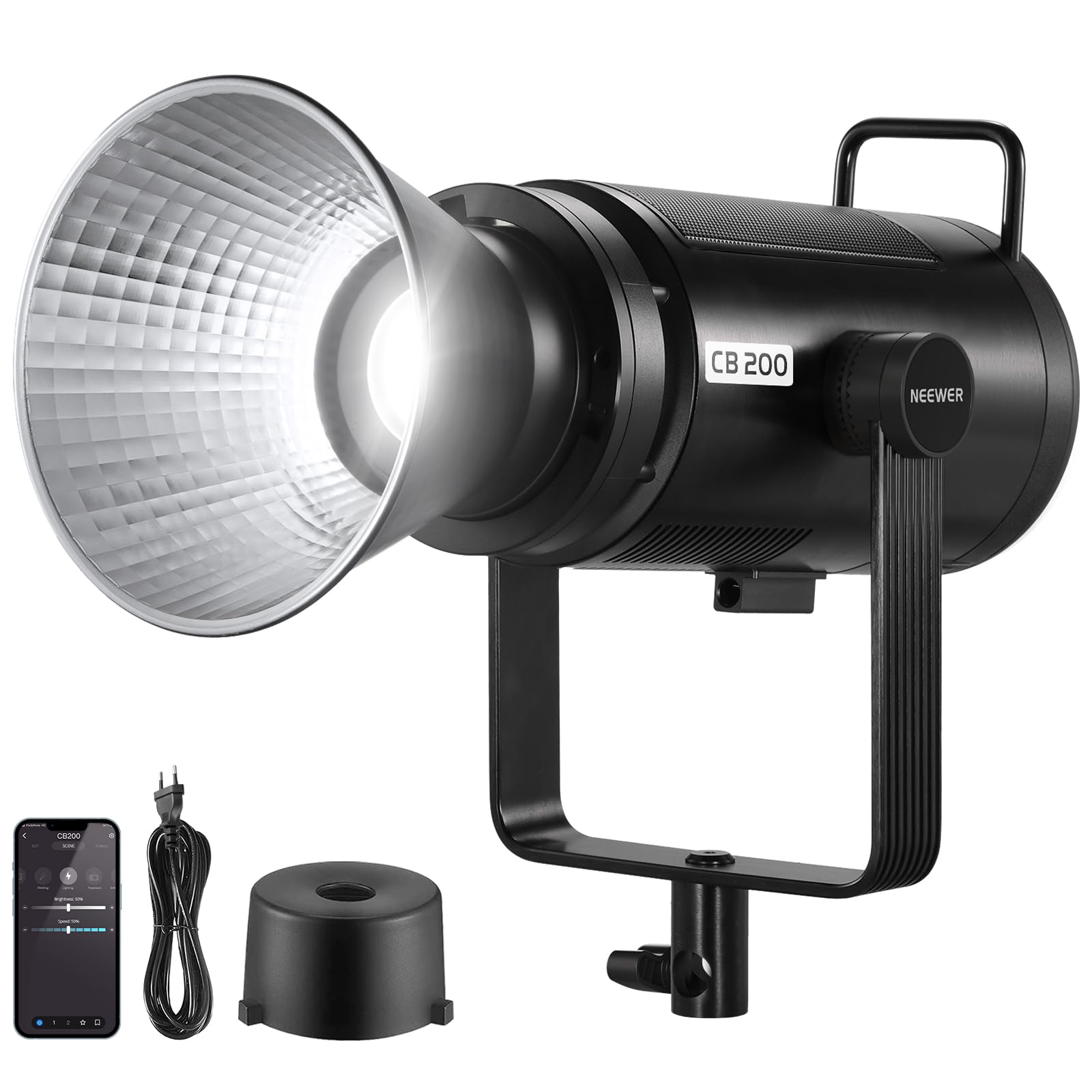 NEEWER CB200 210W Luce Video a LED con Controllo 2,4G/App, Illuminazione Continua COB a Luce Diurna da 5600K per Fotografia con 98500lux/m, CRI97+/TLCI97+, 9 Scene, Dimmerazione PWM, Attacco Bowens