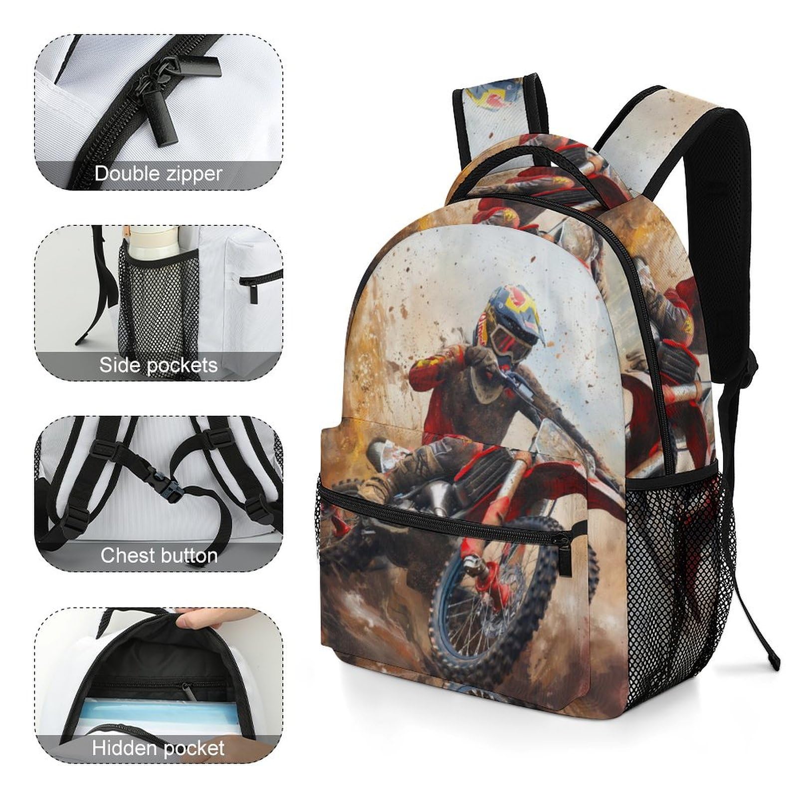 Moto de cross Mochilas De Viaje Transporte Morral Con Bolsillos Laterales Mochila Escuela Para Colegio Viaje Cámping Primaria Pequeña Guardería Mochila One Size