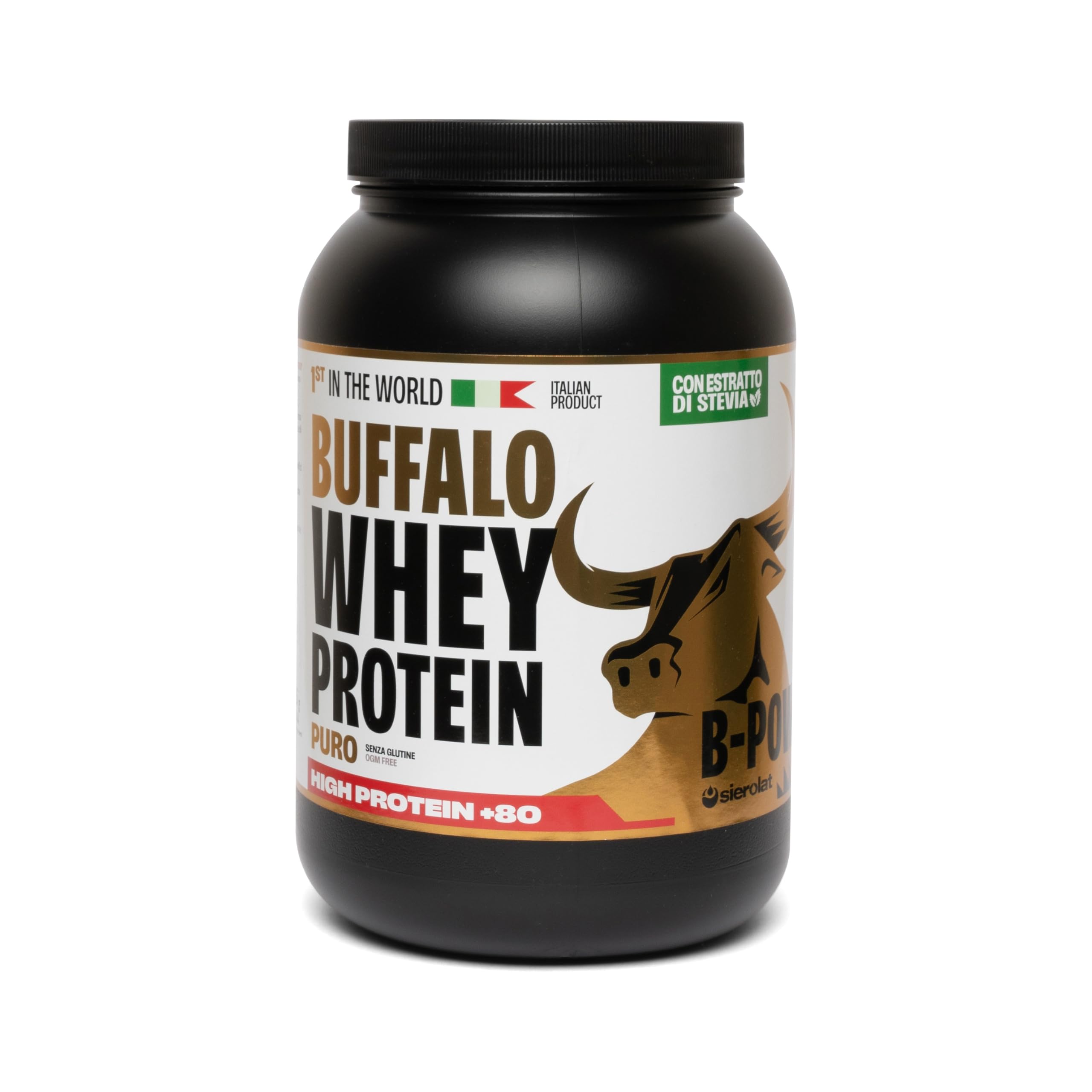 Buffalo Whey +80 Proteine in Polvere Concentrate Gusto Puro con Stevia 100% Italiane da Latte di Bufala, 24g di Proteine 5.5g BCAA Vitamine Gruppo B e D per supporto muscolare (34 dosi x 1020g)