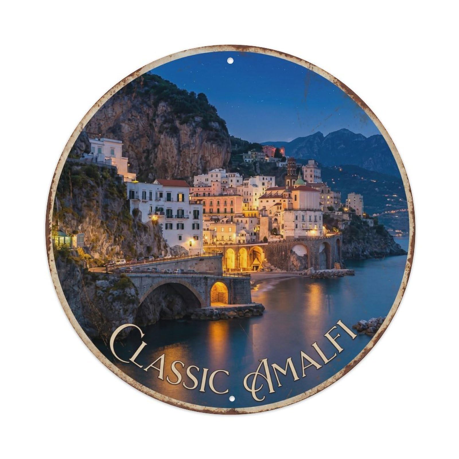 Vintage Travel Amalfi Coast Dusk Twilight Seaside Landscape Metal Tin Sign Plaque Wall Decor for Cafe, Man Cave, Club Bar, Office, Home Garden Round Metal Poster 8x8Inch