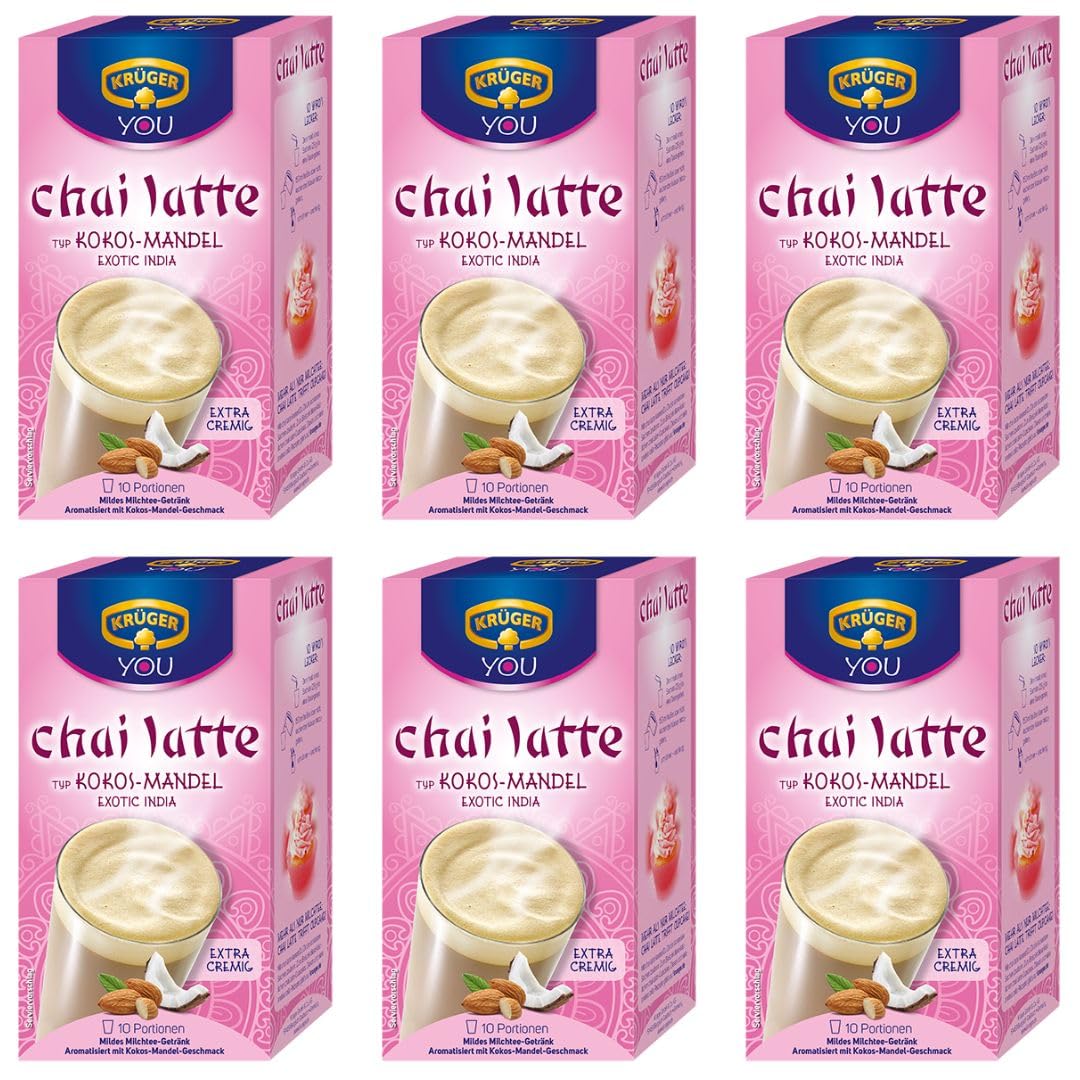 Krüger You Chai Latte Kokos-Mandel 6×250 g (1,5 kg) | Aromatisches Instant-Getränk | Würziger Chai mit Kokos- & Mandel-Note | Schnell zubereitet | Vorratspack für Büro, Zuhause & To-go