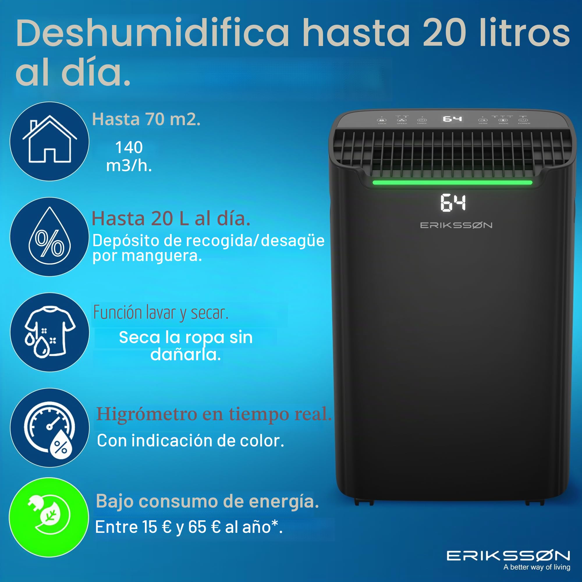 Deshumidificador Dry Pro Plus - Deshumidifica Hasta 20 Litros Al Día - Función Lavadora-Seca - Adecuado Para Dormitorio, Baño, Salón Y Sótano - Deshumidificador - Negro