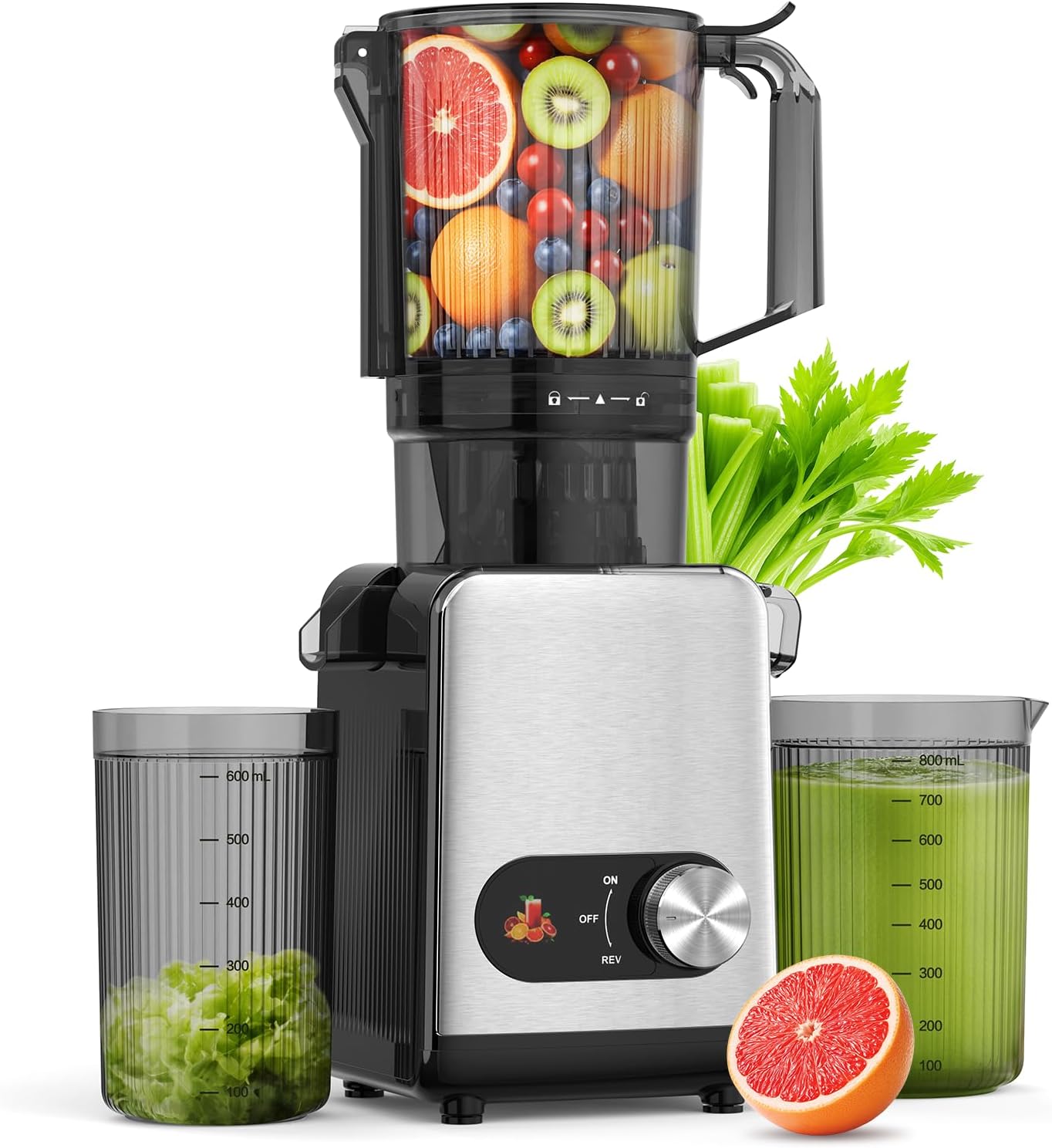 AGLUCKY Exprimidor de prensado en frío, máquina de autoalimentación de 4.35 pulgadas, gran rendimiento de jugo, exprimidor de masticación lenta para