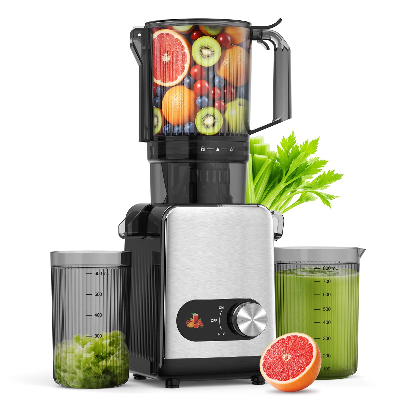 AGLUCKY Cold Press Juicer Machines Large Feed Chute Juice Extractor Self Feeding Machine High Juice Yield Slow Masticating