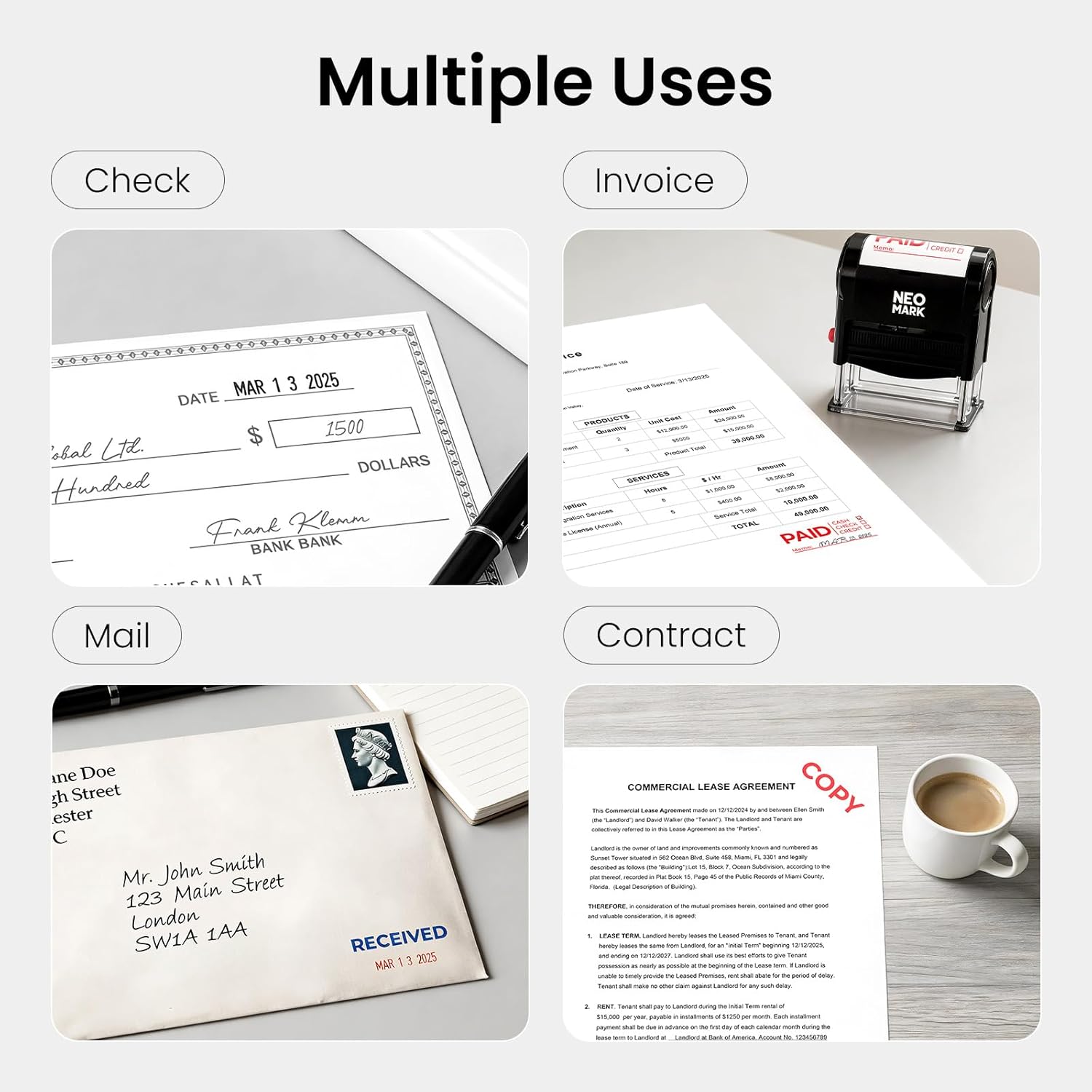 NEO MARK Large Self-Inking Date Office Stamp with Received Blue Ink & Date Red Ink, 12-Year Adjustable Rubber Dater, Ideal for Documents, Business & Accounting - with an Extra Refill Ink Pad