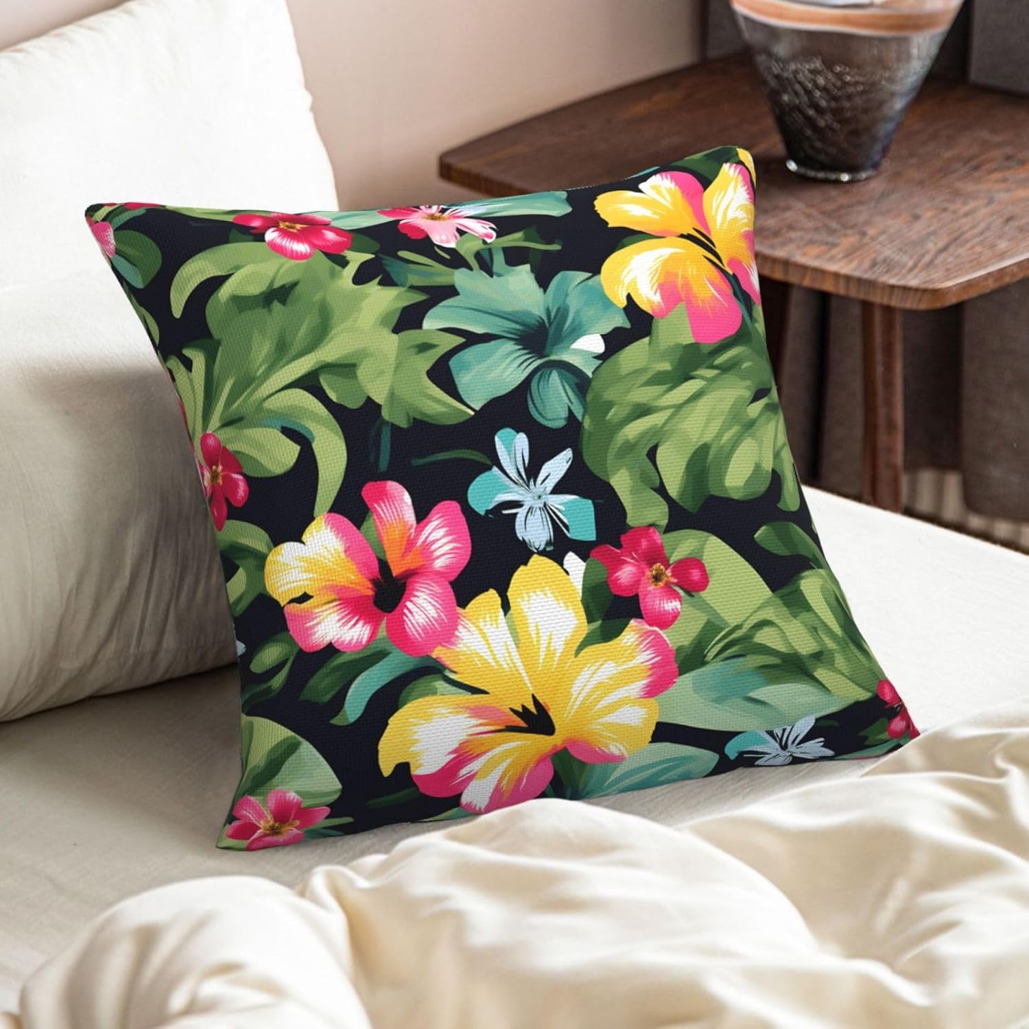 Hawaiian Flower Print Imitation Linen Pillowcase -2 Sets, Fashionable Home Decoration, Used for Sofas, Gardens, beds