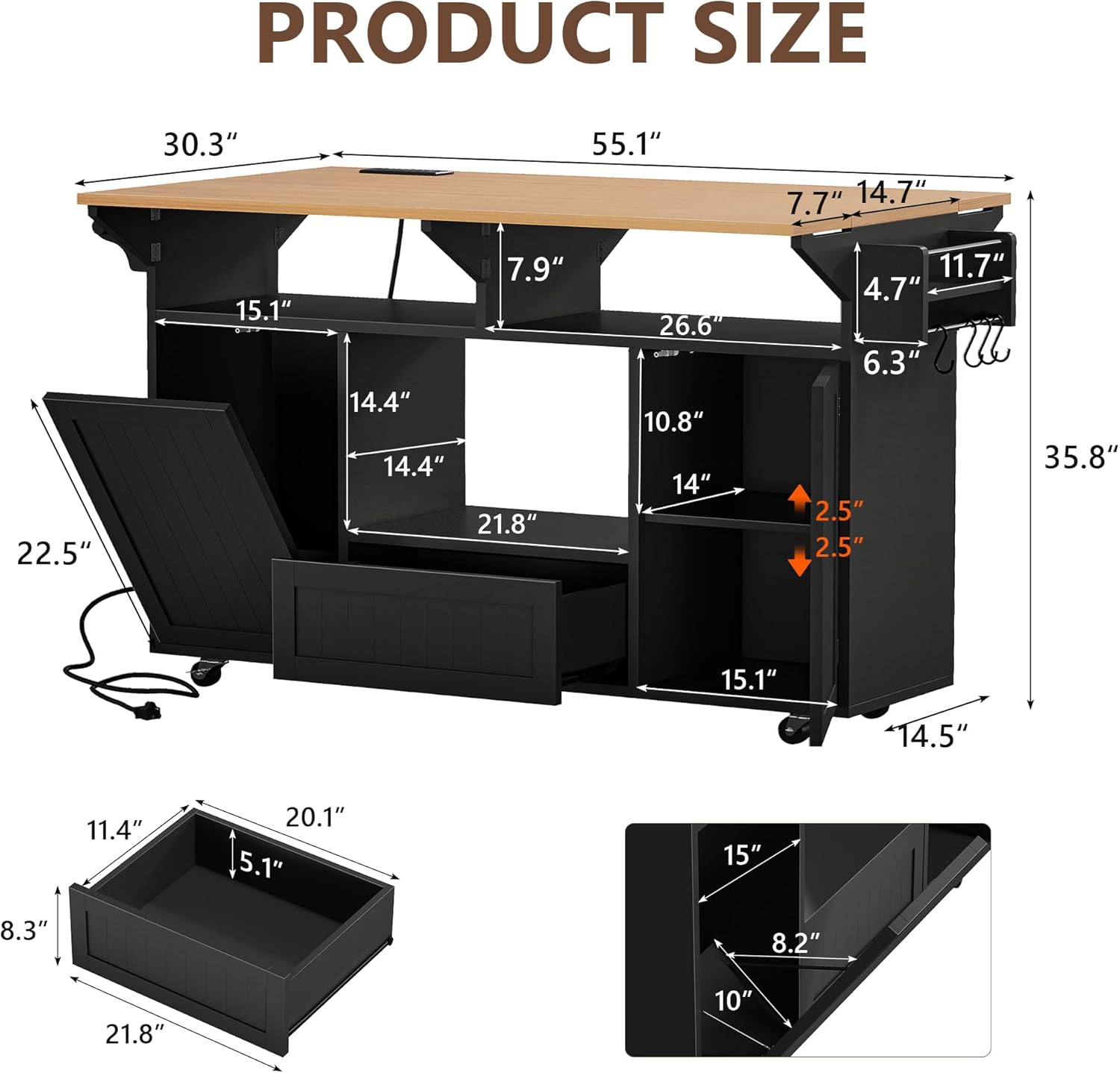Einhomn 55" Rolling Kitchen Island with Power Outlet & Drop Leaf, Mobile Island Table with Trash Can Storage, Portable Kitchen Islands on Wheels with Spice Rack, Towel Rack & 4 Side Hooks, Black