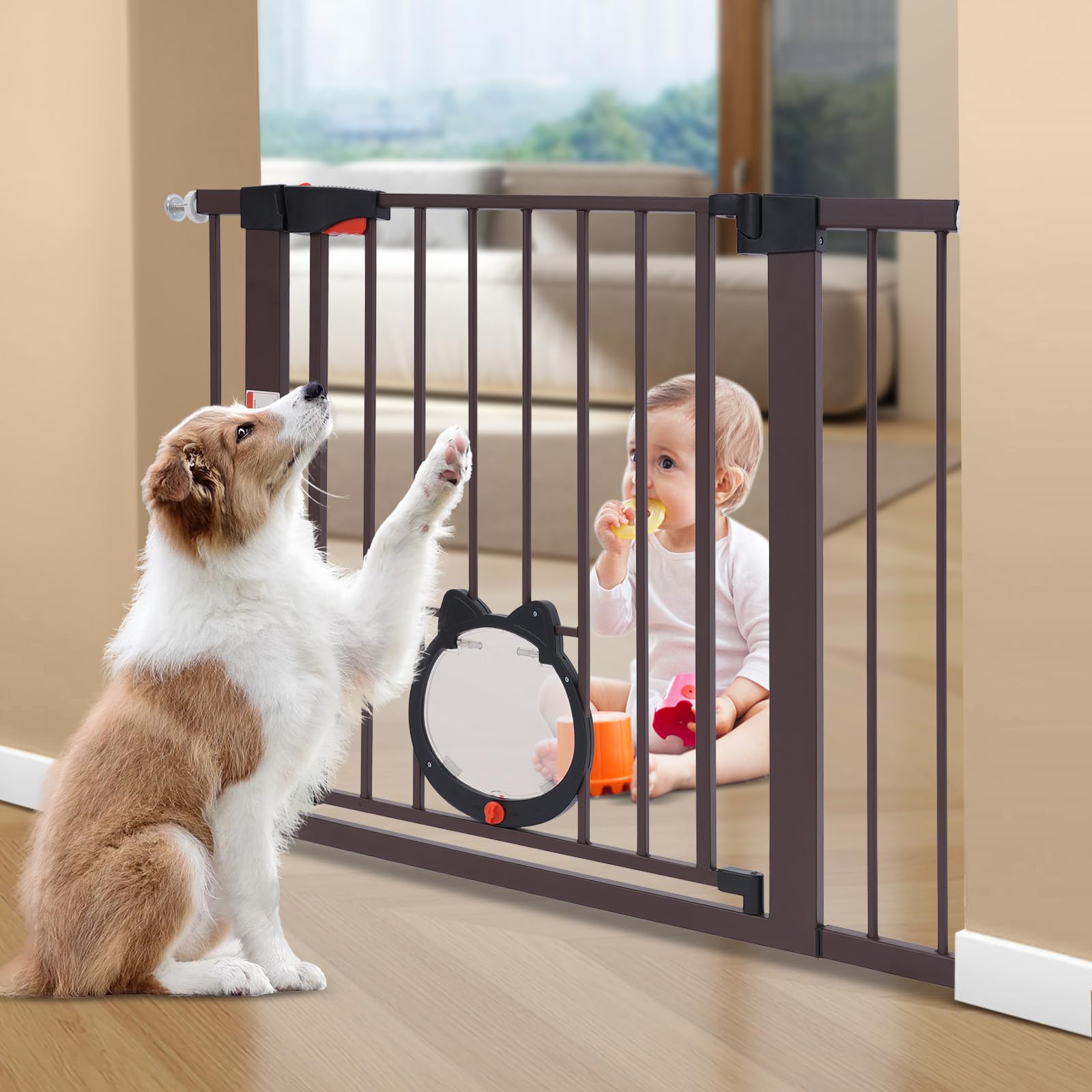 Barrera de seguridad para niños, 93 x 76 cm, para sujetar o perforar, para balcones, entradas, pasillos o aberturas de puertas (café)