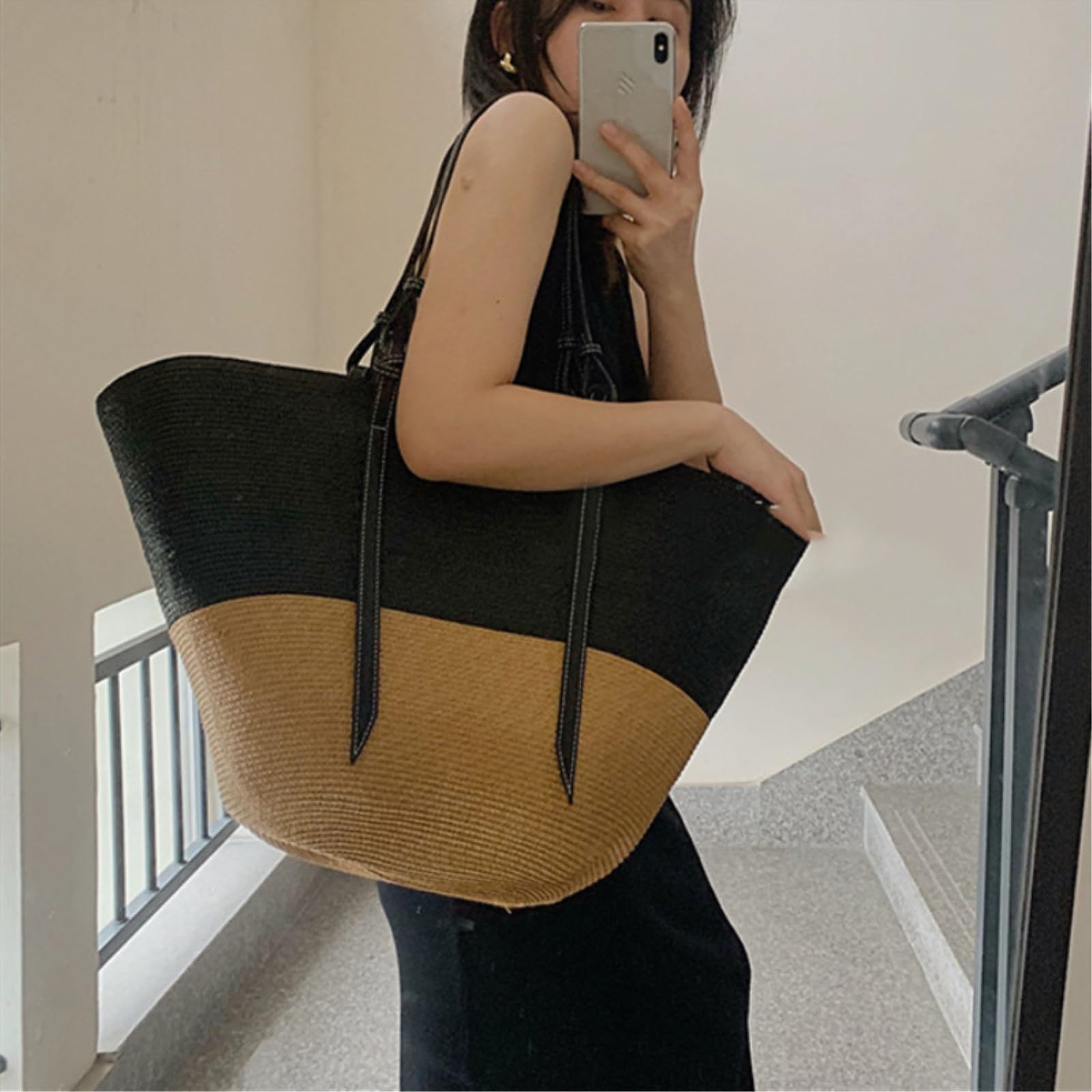 Borsa di Paglia Donna per Lo Shopping Spiaggia Grande capacità, A Tracolla in Rattan Designer, Fatta Mano delle Donne-Khaki