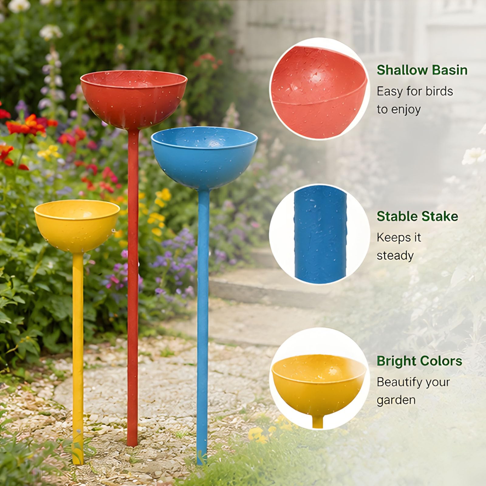 Ciotole per l ' Acqua da Giardino, 3 paletti in Metallo per Bagno degli Uccelli da Giardino per Prati, aiuole Fiorite, Bordi del Giardino, Angoli Esterni e Accenti Floreali
