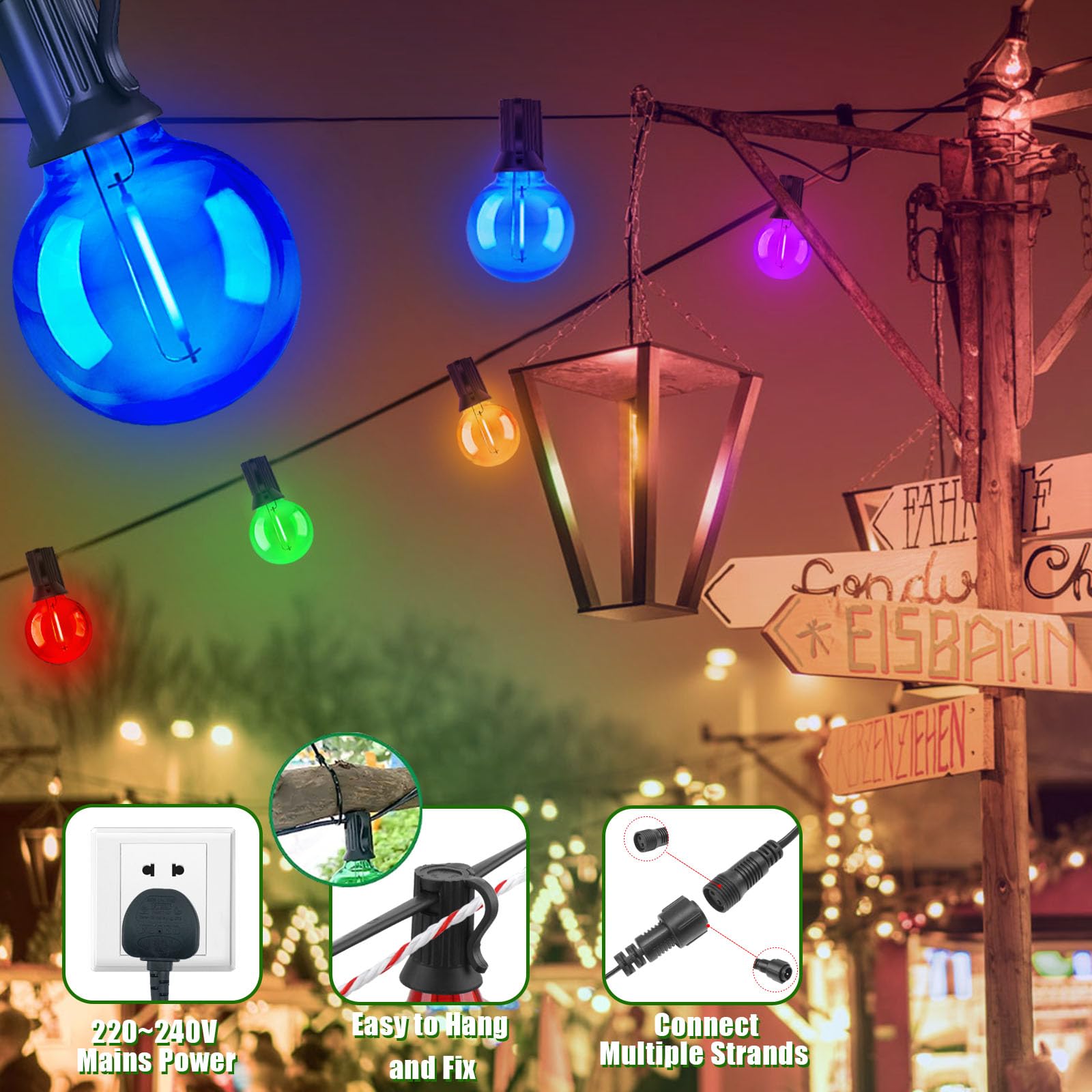ZOMELIT Garden String Festoon Lights Outdoor, 50ft Outside Lights Mains Powered Coloured 25+5 G40 - Image 3