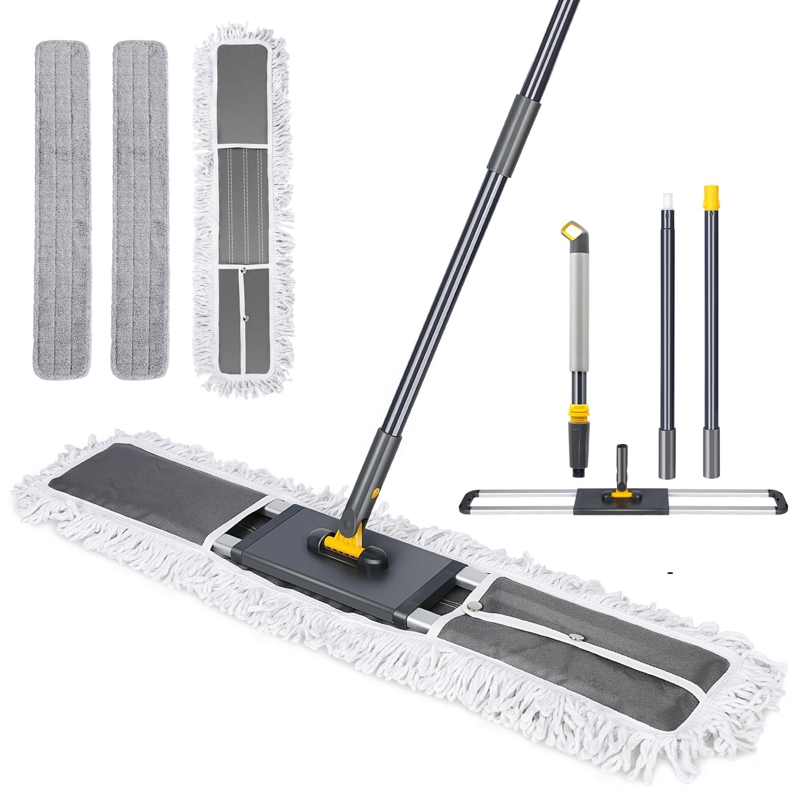 Fregona Grande Plana, Mopa para Limpiar con Manico Telescopico, Fregona Industrial de Suelo Profesional con 3 Tamponi in Microfibra en Seco y en Húmedo, 80*11*154cm