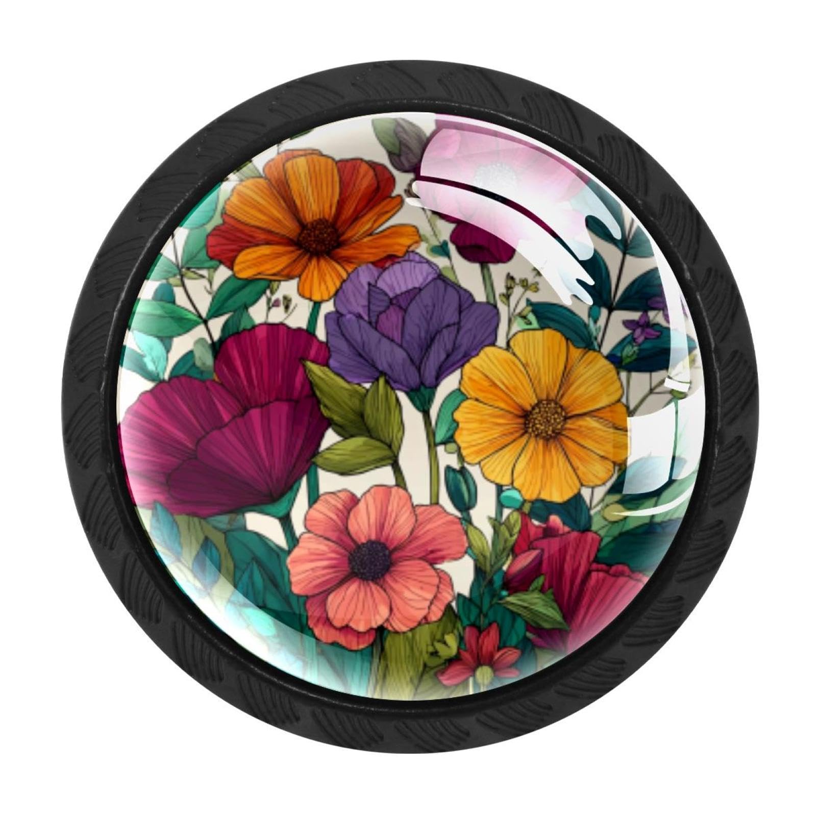 CHENZZZZ 4 Pack Cabinet Handles Black Colorful Flowers with Leaves (1) Cabinet Knobs Draw