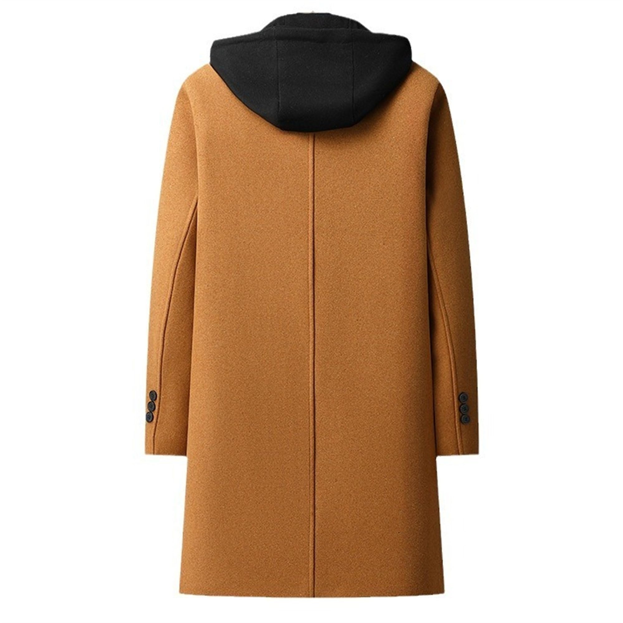 Trench lungo da uomo in misto lana con cappuccio, soprabito invernale casual e caldo