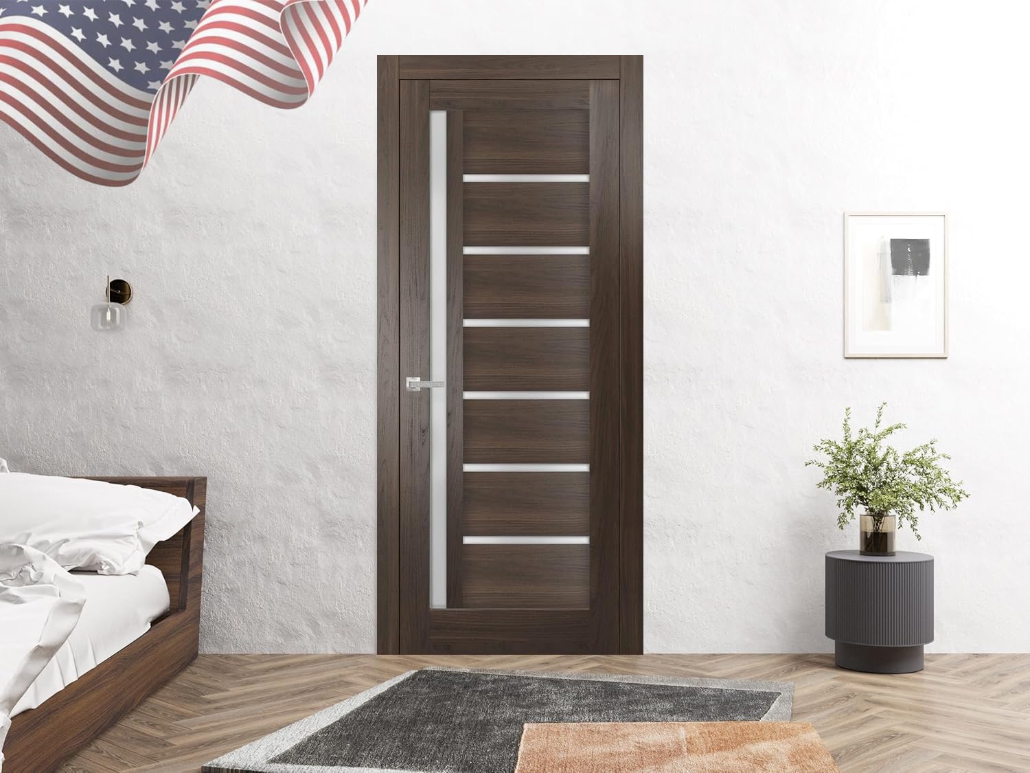 Sartodoors Quadro 4088 | 36 x 80 | Chocolate Ash Interior Single Swing Door with Frosted Glass | Prehung Solid MDF Door in Modern French Style | Hardware Included