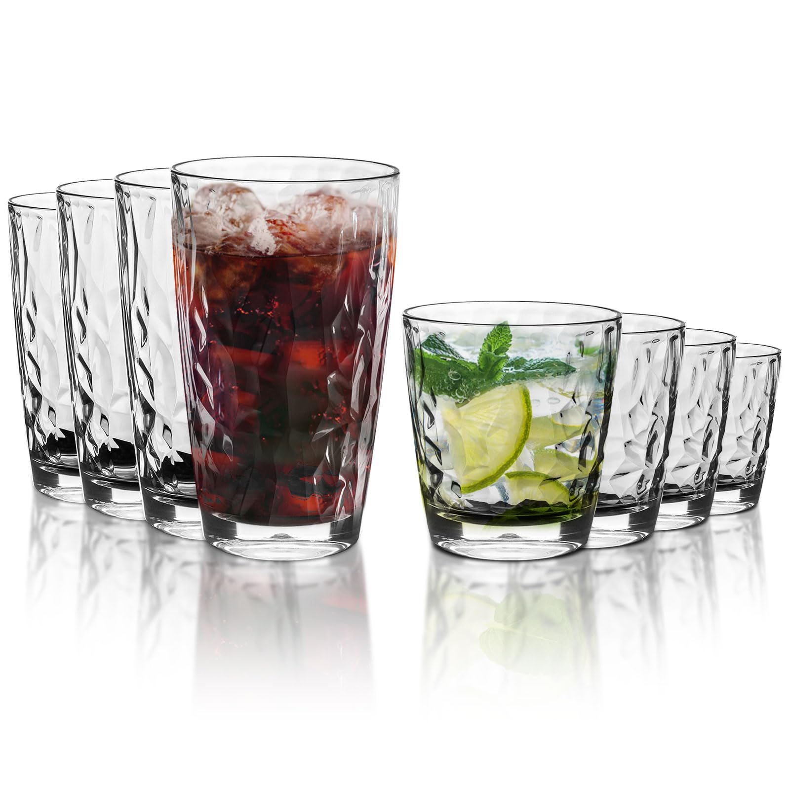 Vasos de plástico irrompibles para bebidas, vasos de vino de acrílico para fiestas de picnic en casa, aptas para lavavajillas, apilables, 8 unidades cada uno: 10 onzas y 16 onzas en transparente