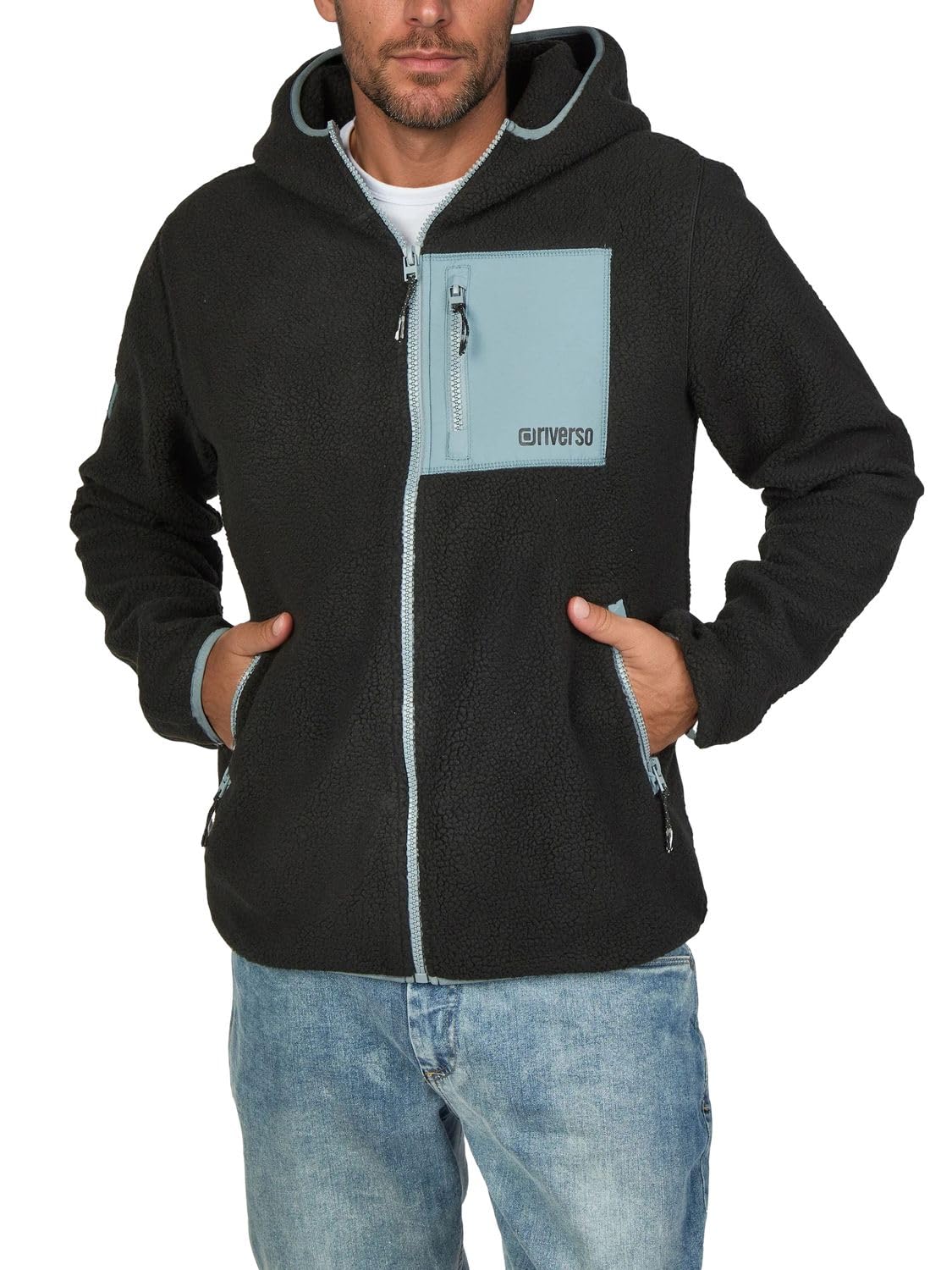 riverso RIVLennox kurtka polarowa męska z kapturem, regularny krój, kurtka zimowa, kurtka przejściowa, stójka, czarna, zielona, szara, S M L XL XXL 3XL 4XL 5XL