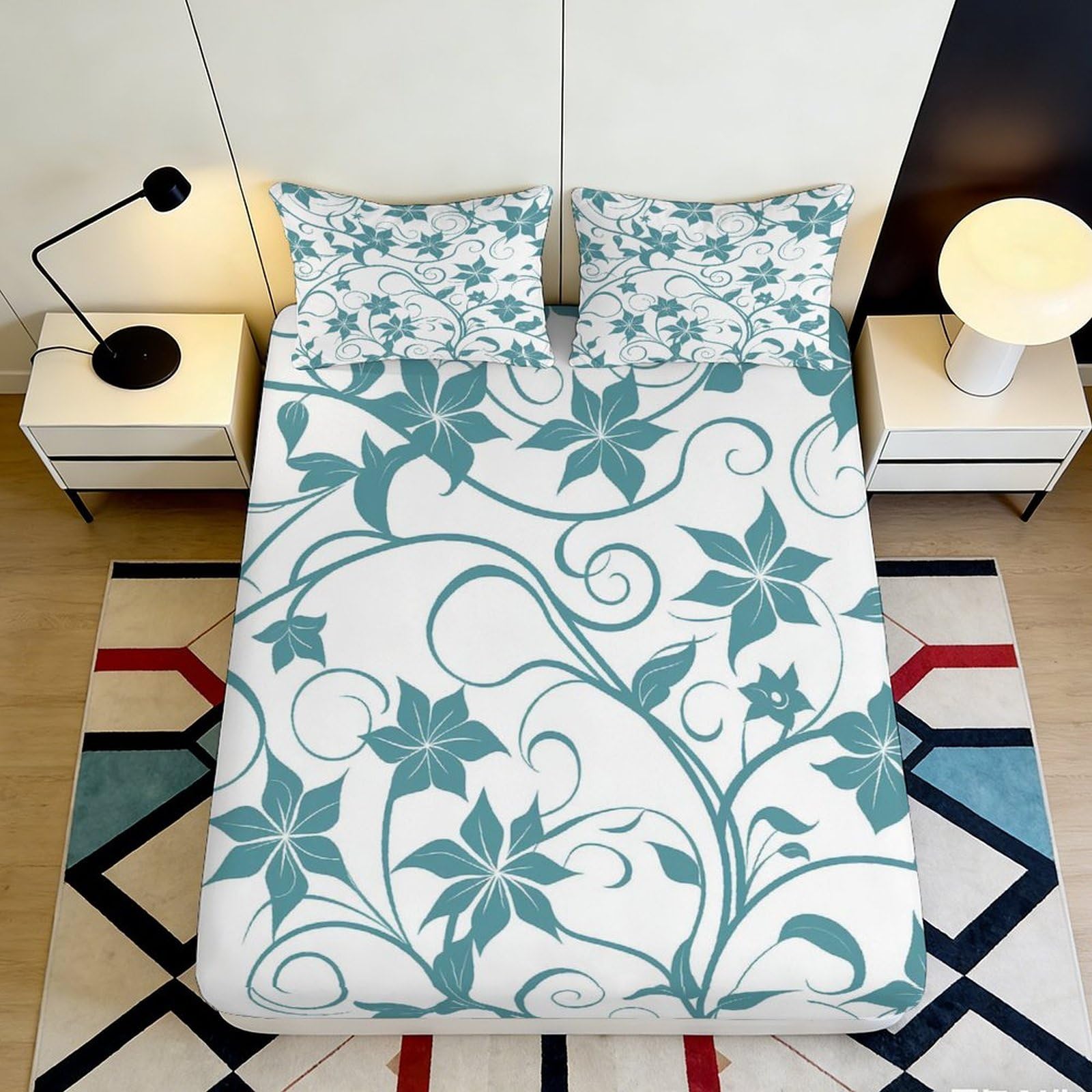3D Printed floral Fitted Sheet, turquoise pattern, Microfiber soft touch, wrinkle resistant, apartment bedding, bedroom decor, guest room 90x200x25cm