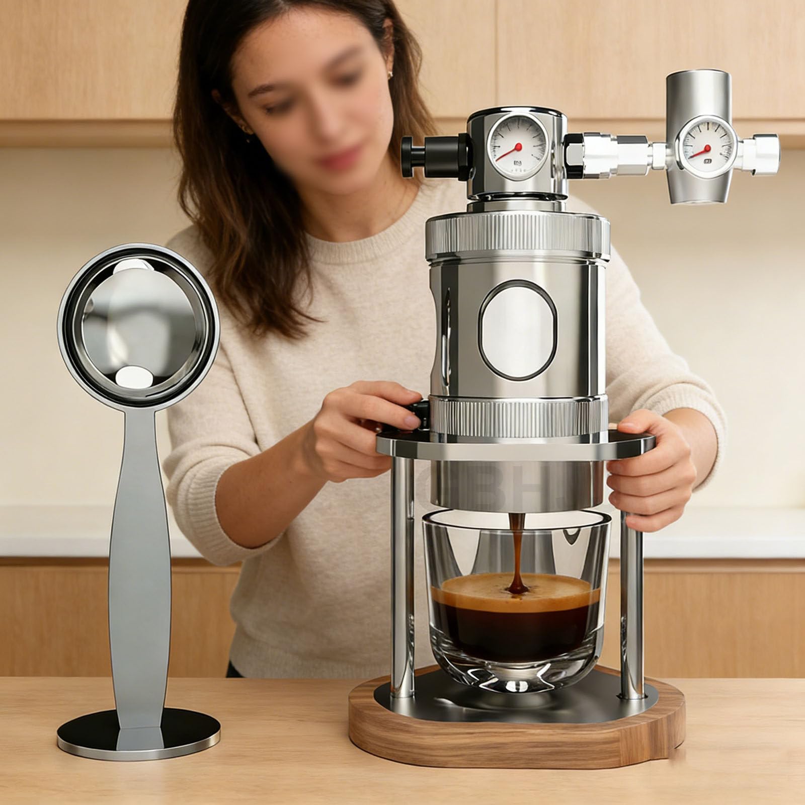 Cafetera manual portátil con manómetro, extracción rápida de 16 bares, acero inoxidable, para uso doméstico
