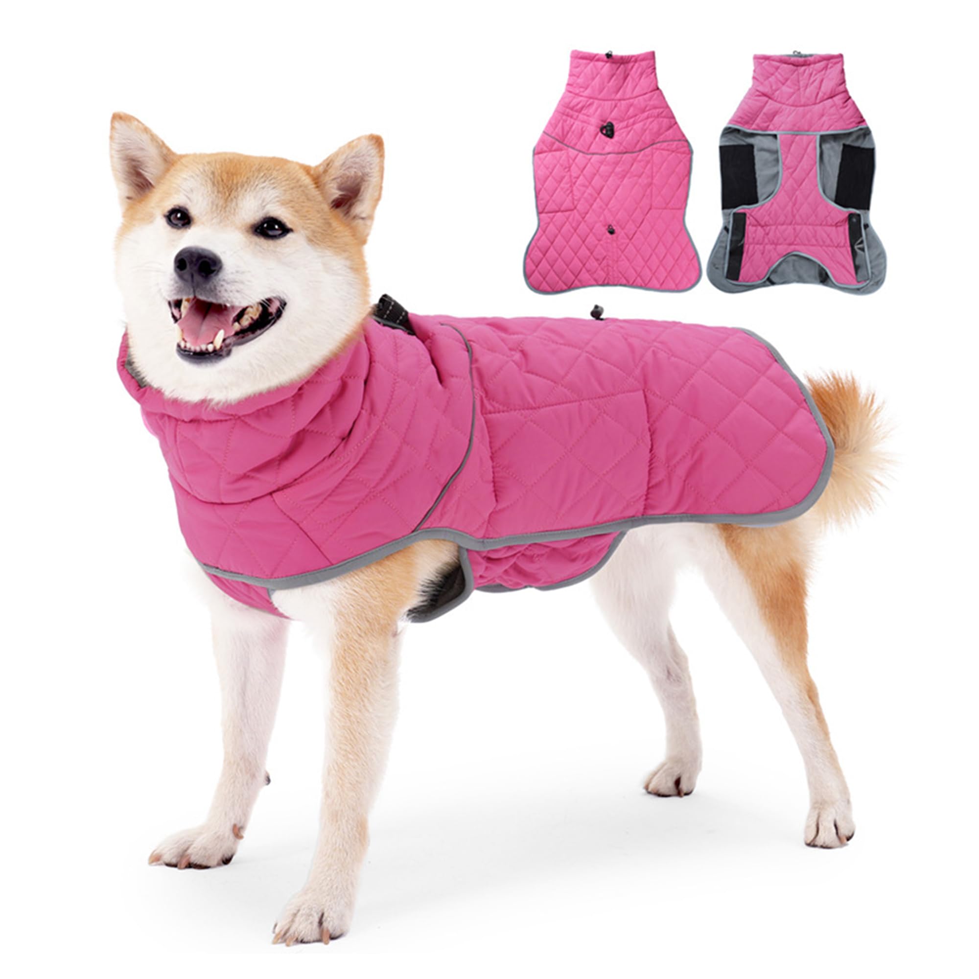 Leberna Warm Pet Dog Coats and Jackets, Waterproof Reflective Turtleneck & Adjustable Harness Puffer Jacket for Small Medium Large Dogs (Rose Red, S)