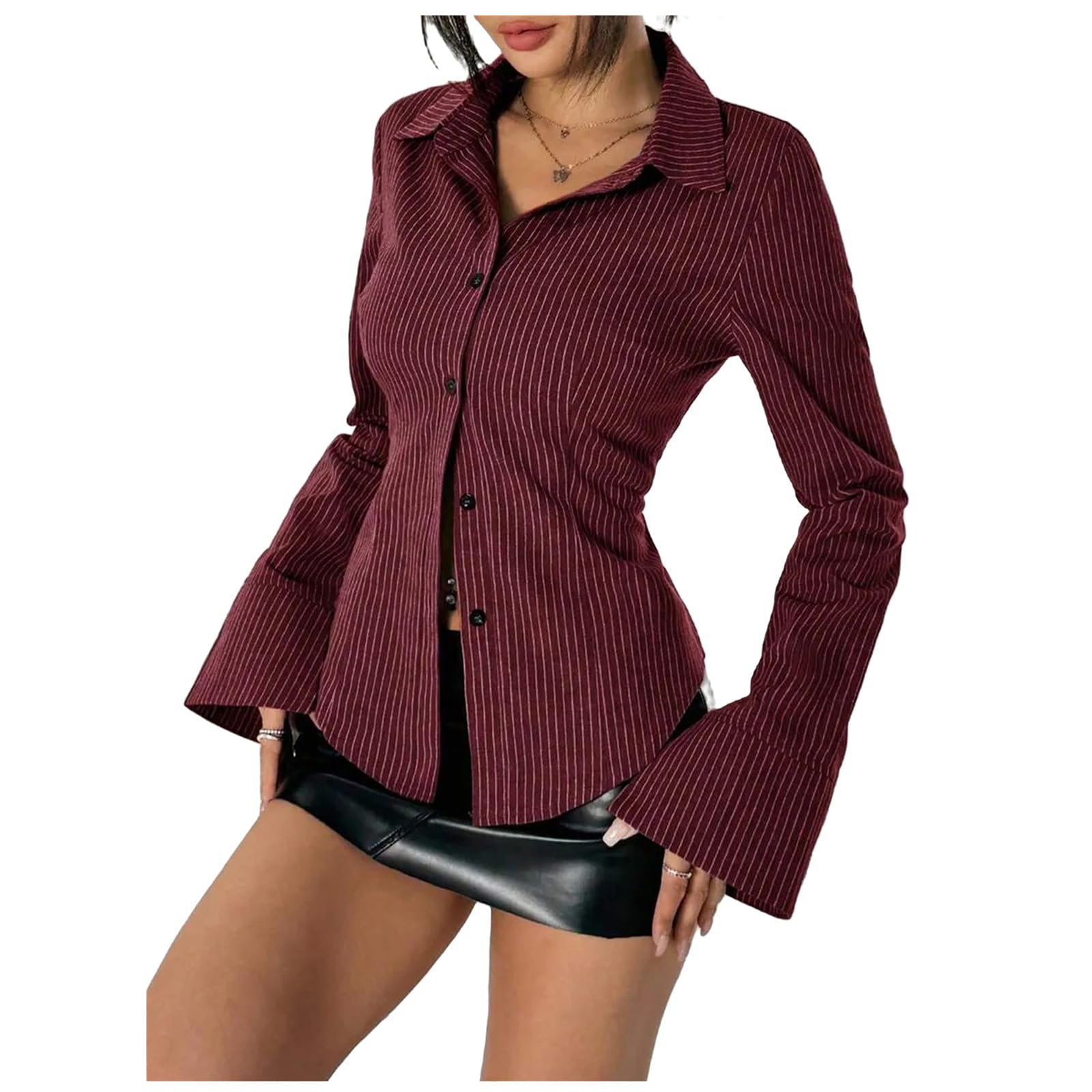 Women Slim Fit Button Down Striped Shirt Long Sleeve Fitted Button Up Shirt Vintage Y2K Pinstripe Collared Blouse