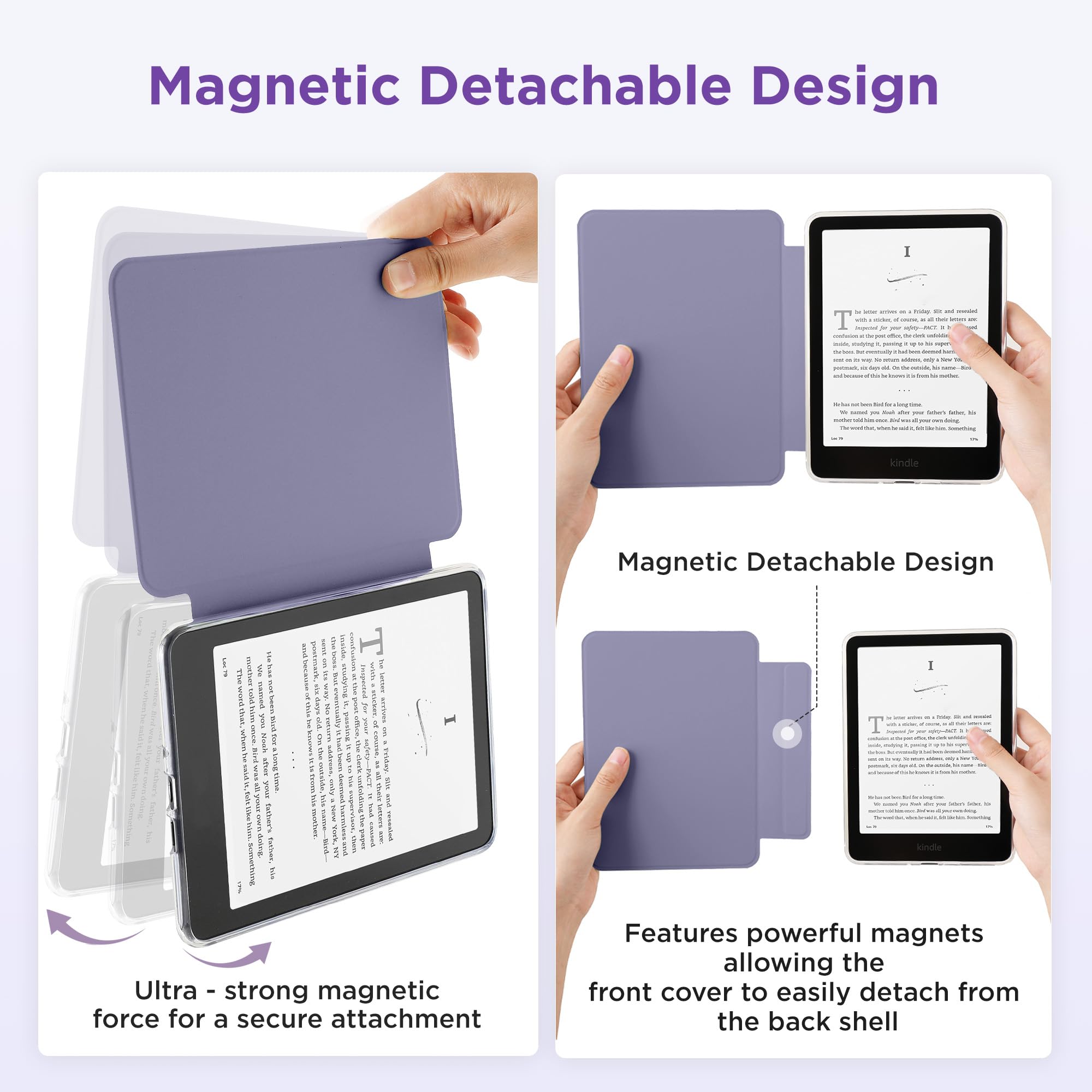 SESENSE Abnehmbare magnetische Schutzhülle für Kindle 15,2 cm (6 Zoll) Kindle 2024 und 2022 (11 Generation), schlanke PU-Schale mit automatischer Wake/Sleep-Funktion, Lavendelviolett