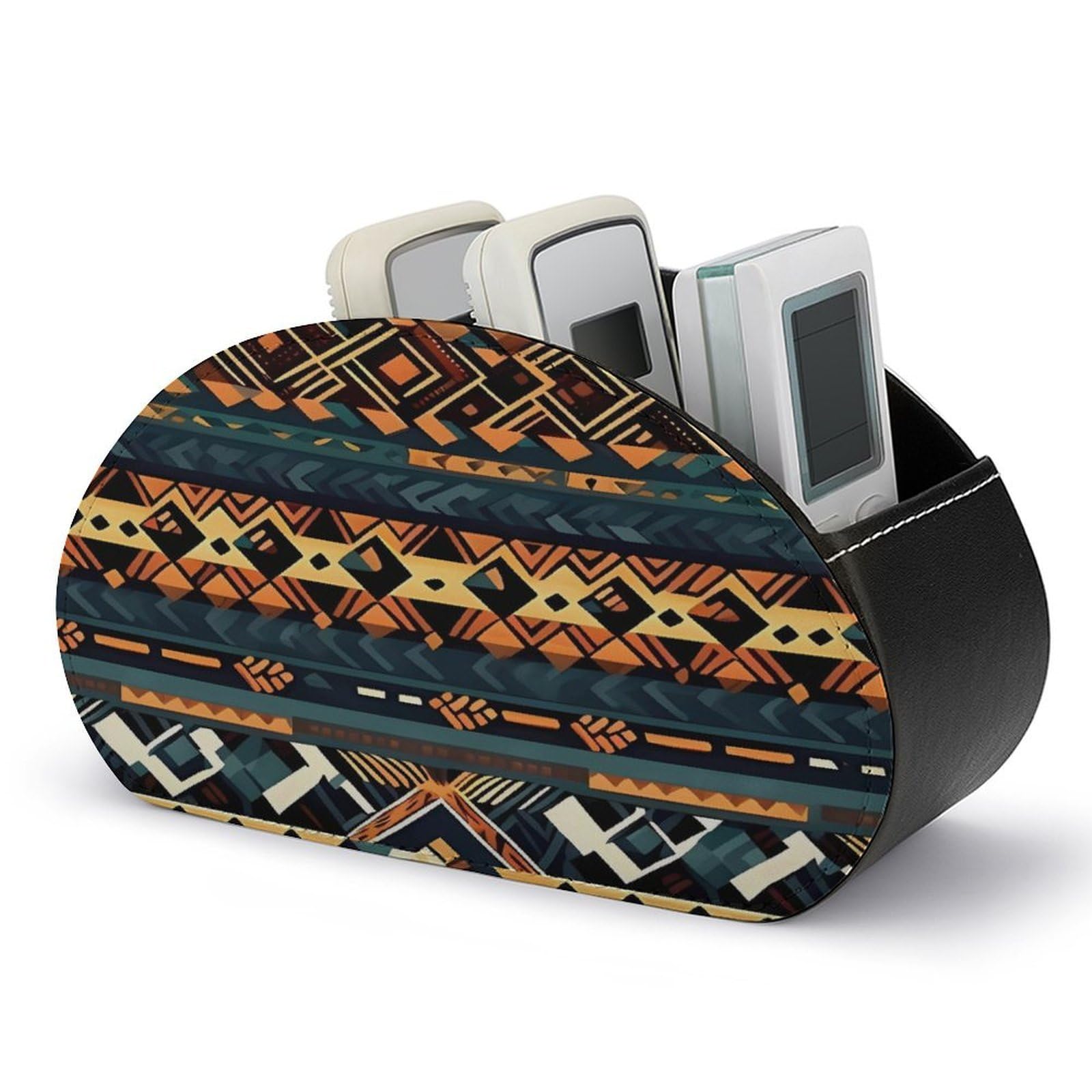 LZQPOEAS African Tribal Ethnic Texture Remote Control Holder with 5 Compartments PU Leather Remote Organizer Box Caddy for Table Nightstand Remote Caddy Desktop Organizer Fits Media Controllers