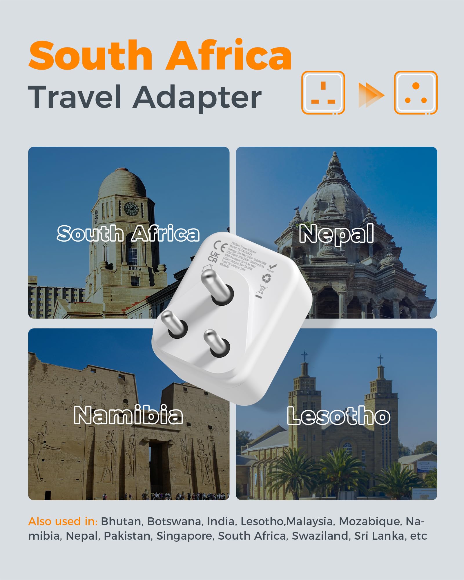 South Africa Plug Adapter 2 Pack, TESSAN UK to South Africa Plug Adapter with USB C and 2 USB A, 4 in 1 Type M Travel Adaptor — view 2