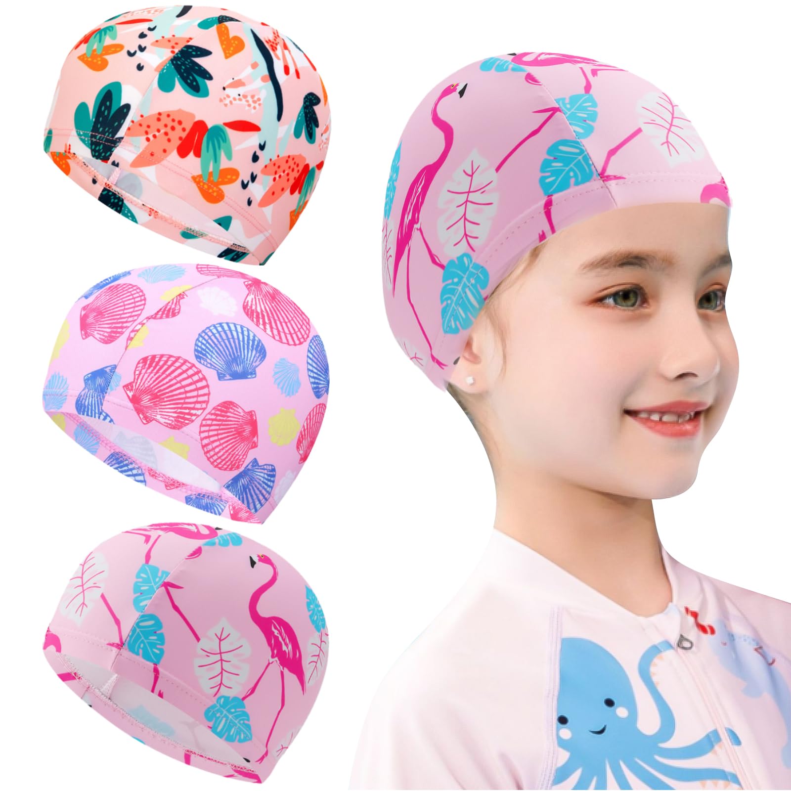 TYXHXTF 3 Piezas Gorro de Natación de Niños, Gorros de Piscina para Niña, Tela Elástica, Natación Accesorios, Gorro Natacion Niña, 4 a 10 Años