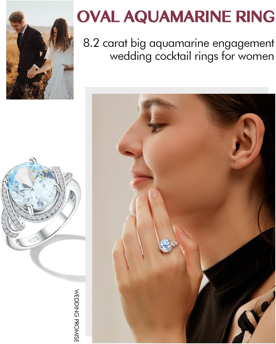 DAYBYDAY Big Sapphire/Emerald/Ruby/Aquamarine/Amethyst/Peridot Ring, 925 Sterling Silver Oval Cut Gemstone Engagement Rings for Women, 4-8 Carat Large Statement Cocktail Ring - Image 2