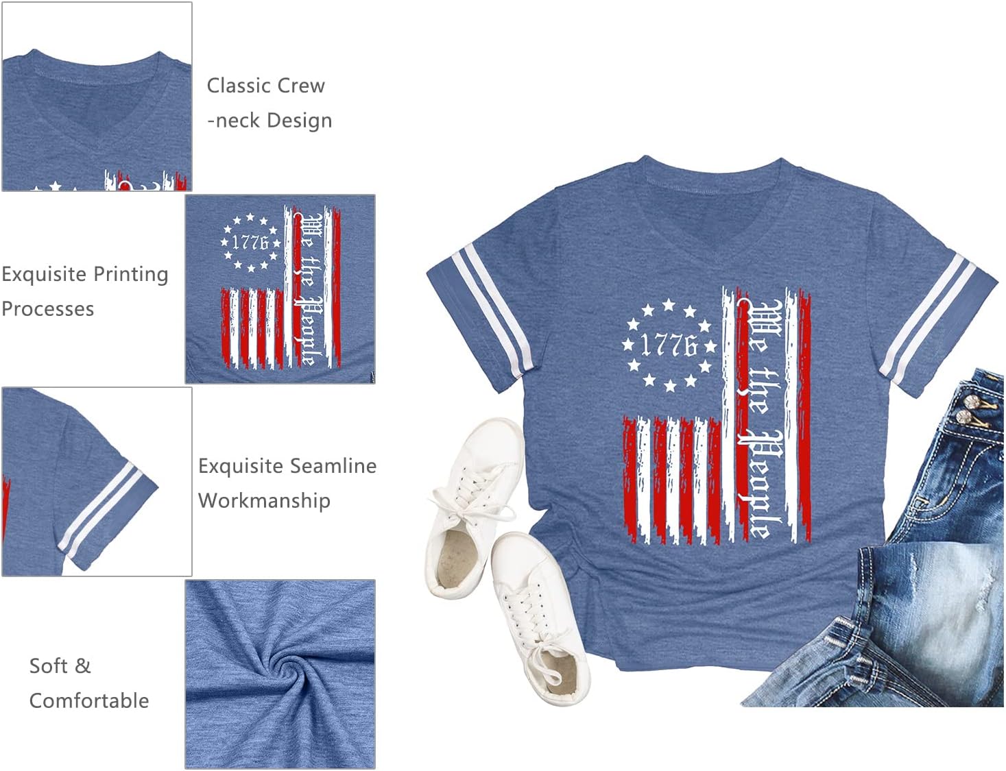 American Flag Shirts Women Patriotic Shirt 4th of July Tee Tops V-Neck Short Sleeve Summer T-Shirt - Image 5