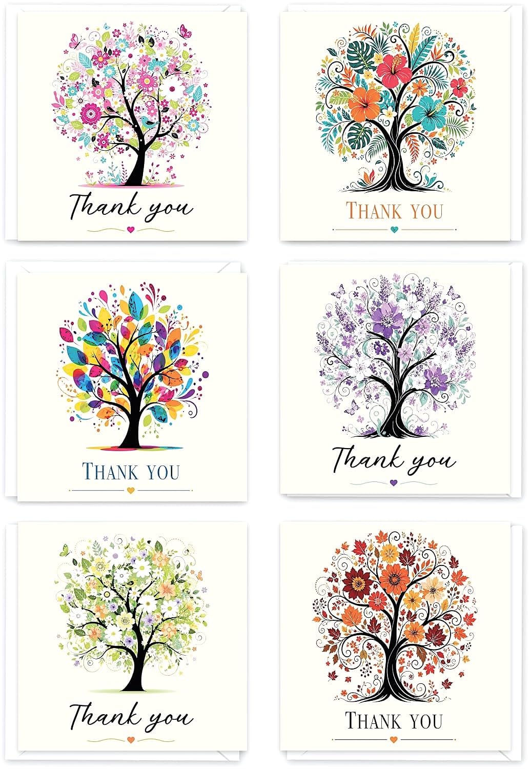 Giftinghouse 30 Thank You Cards Multipack with Envelopes & Stickers – 6 Unique Floral Tree Designs – 11.5 x 11.5 cm – Blank Inside – Ideal for Wedding, Teacher Appreciation, Kids Parties & Christmas