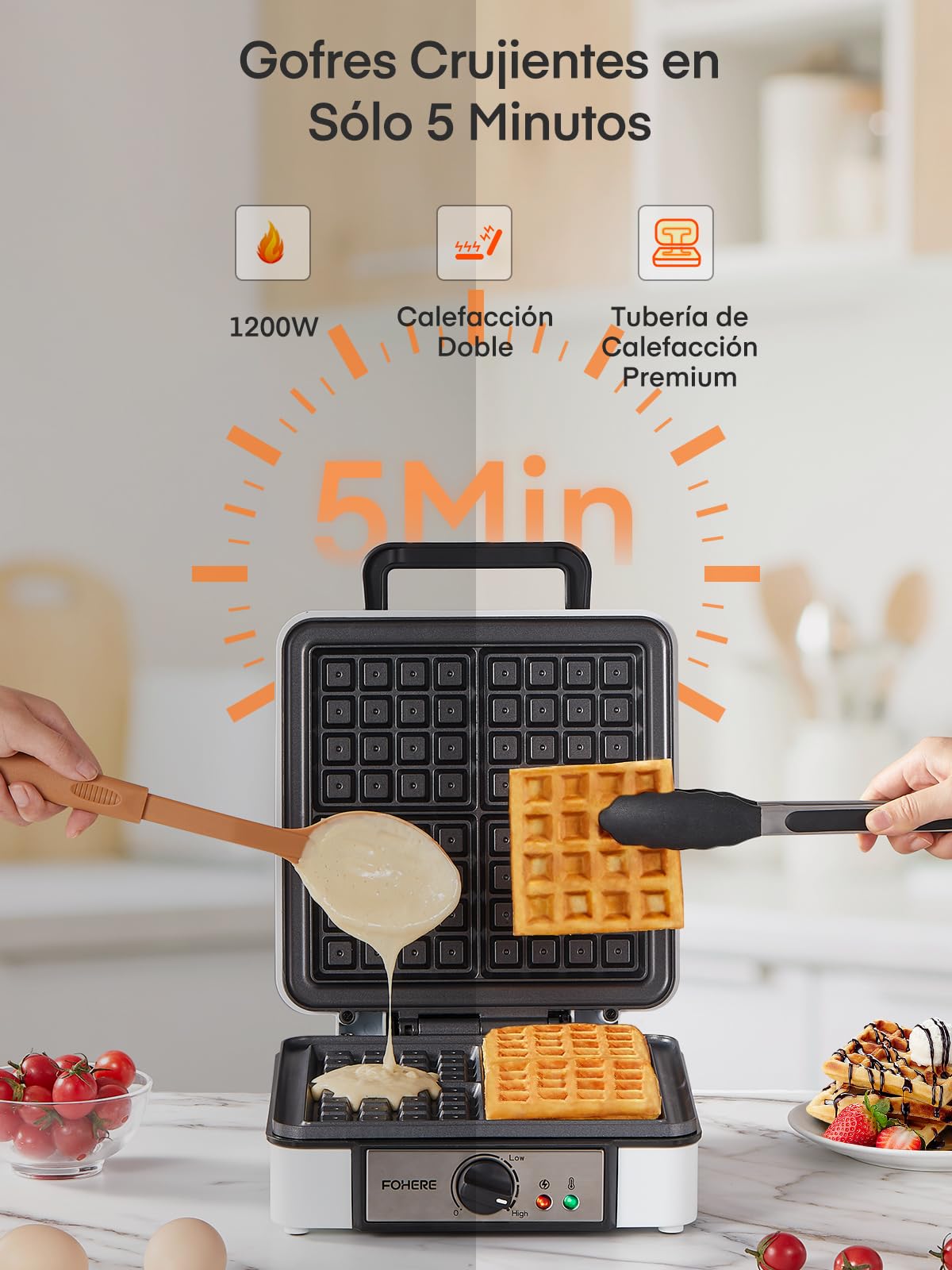 FOHERE Gofrera Eléctrica, 4 Gofres Belgas a la vez, Revestimiento Antiadherente, Waffle Maker, Temperatura Ajustable, Maquina de Gofres, Mango Cool Touch, 1200W Plancha de Gofresa