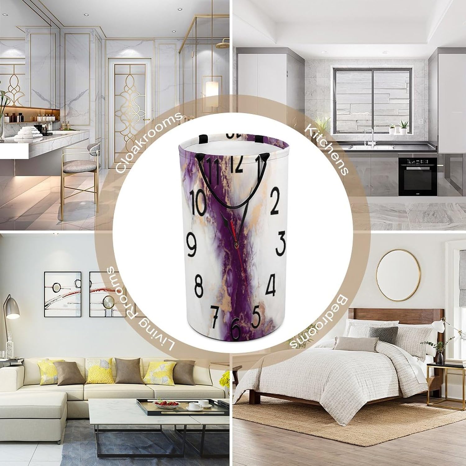 Marble Purple Abstract Art Clock Laundry Hamper Dirty Clothes,Modern Mid Century Wavy Liquid Gold Foil And Glitter Print Large Laundry Basket Storage Basket For Bathroom 15.7W"" X27.2H""