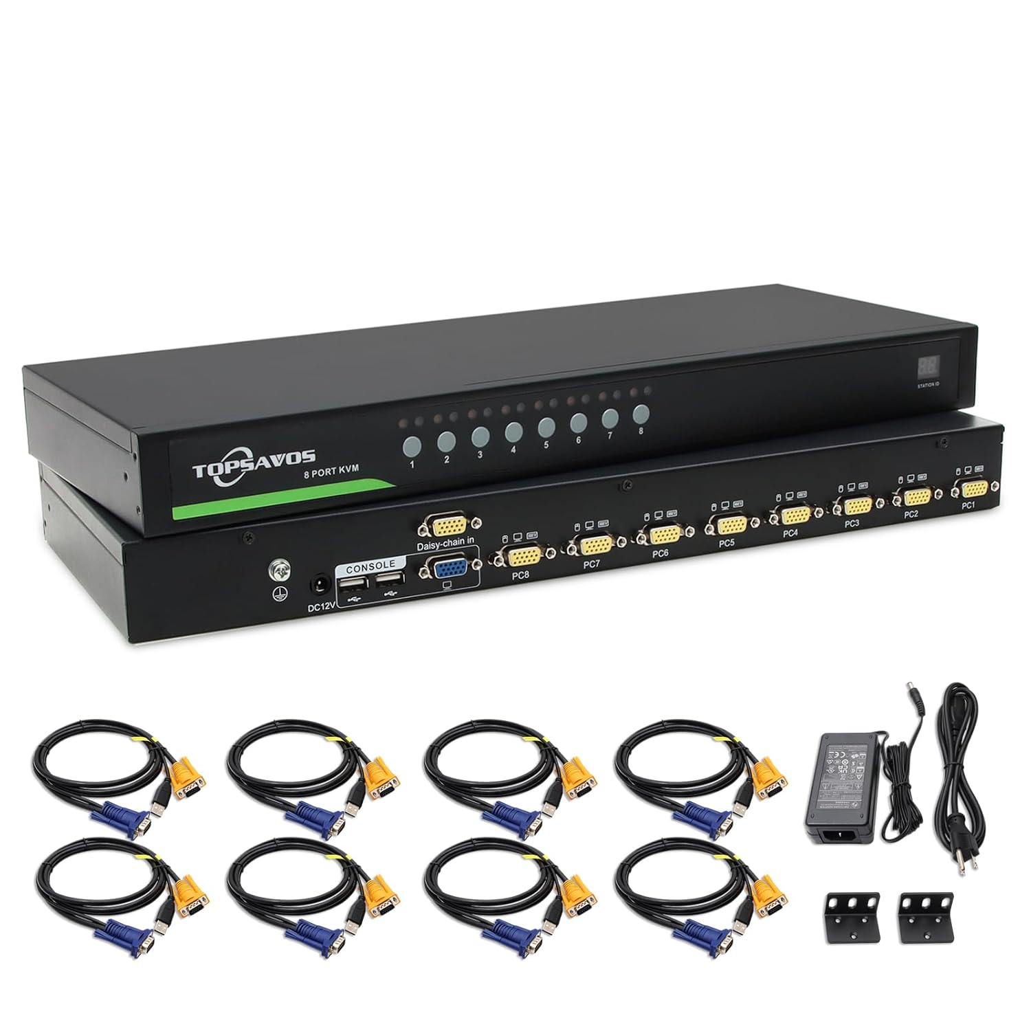 8-Port VGA 1U Rack Mount KVM Switch, 8 x VGA Cables Included, Up to 2048 x 1536 Resolution with DDC2B, 8 in 1 Out, Hotkey Button OSD Switching for Windows,Linux,Unix,Solaris (Sun), Redhat,Ubuntu