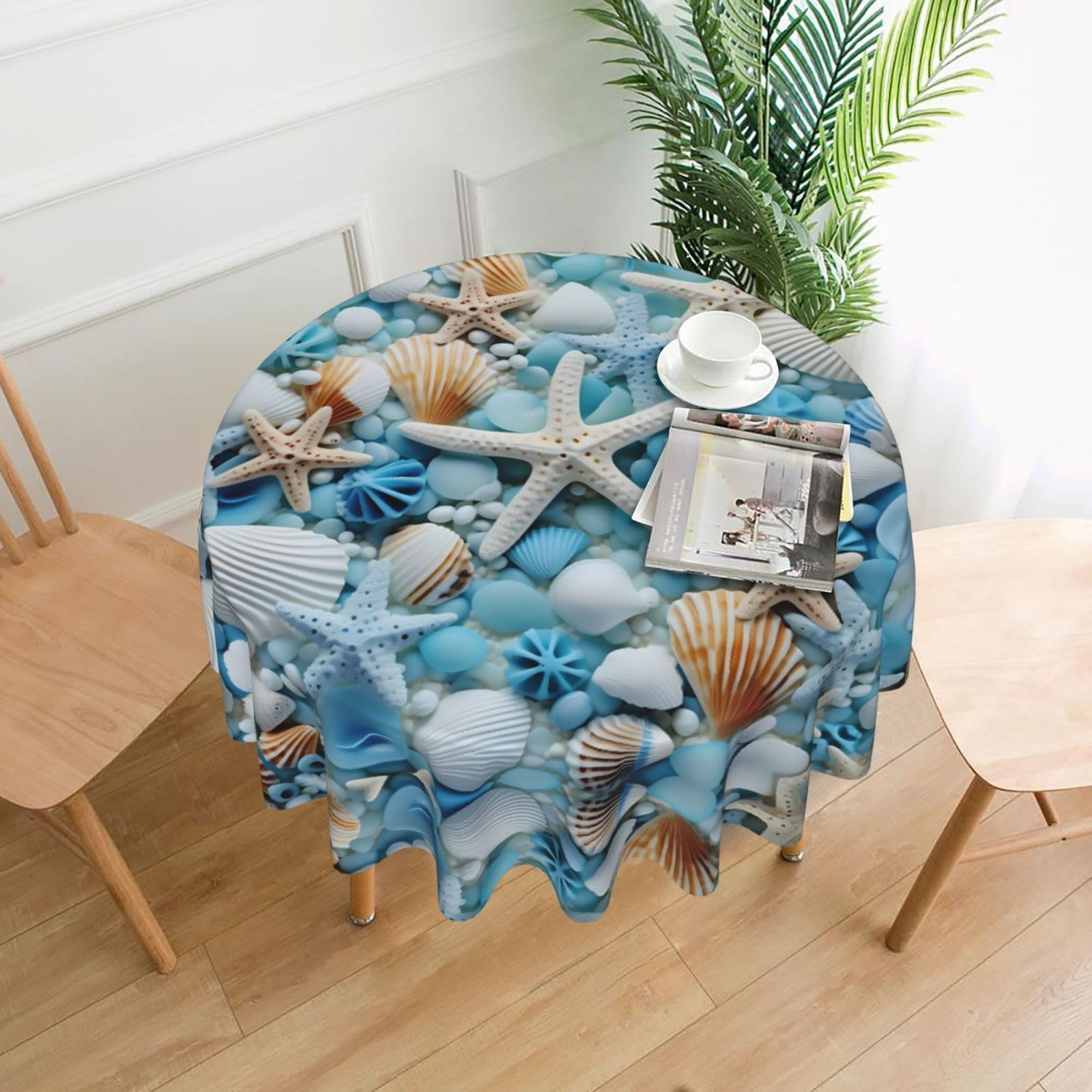 vacsAX Tovaglia rotonda con motivo a onde marine blu, 152 cm, decorazione per picnic, feste per interni ed esterni