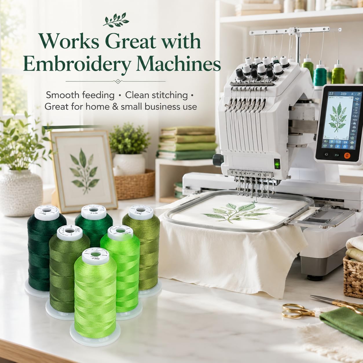 Simthread 6 Spools 3000 Yds 40WT Polyester Embroidery Thread Green Set | 6-spool green series offers smooth 40WT polyester thread for home and commercial embroidery machines, lettering, and patches.