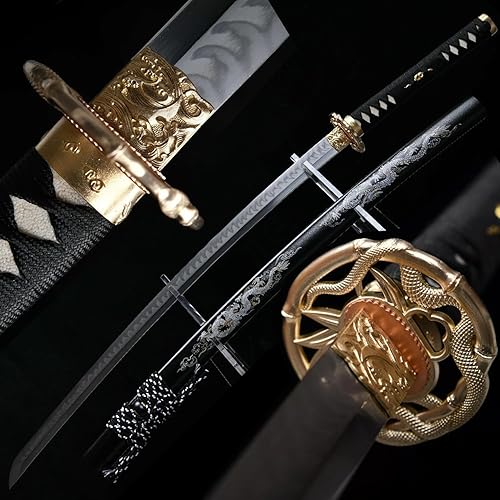 HERO SWORD Espada samurái hecha a mano de 41 pulgadas, arcilla templada, diente de lobo real Hamon Advance, espada samurái, doble dragón, katana,