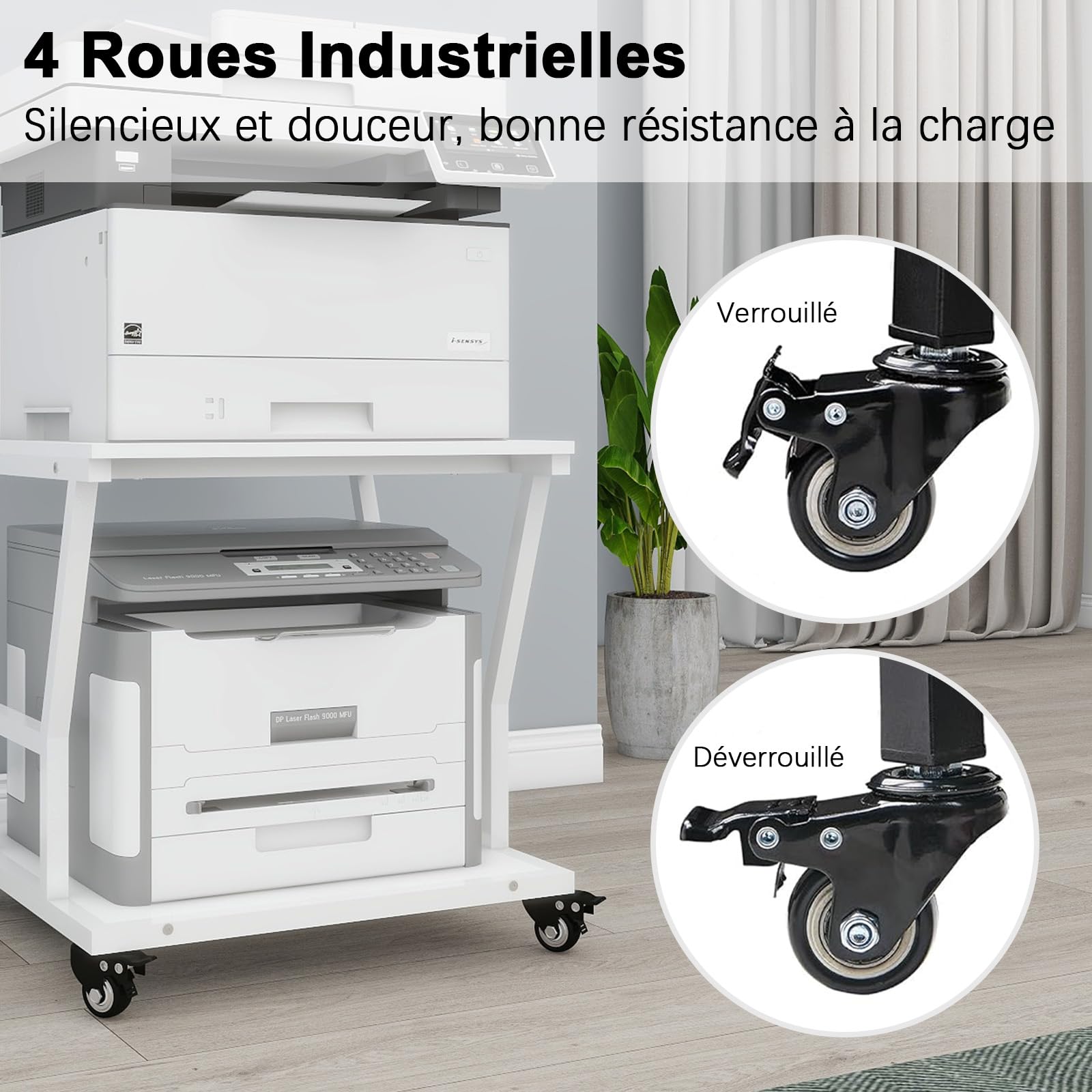 PUNCIA Support Imprimante à 2 Niveaux Meuble Rangement 50x50x60CM (Blanc) | Table de Chevet avec Roulettes Caisson Bureau de Rangement Organisateur de Stockage Charge de 90KG pour Bureau à Domicile