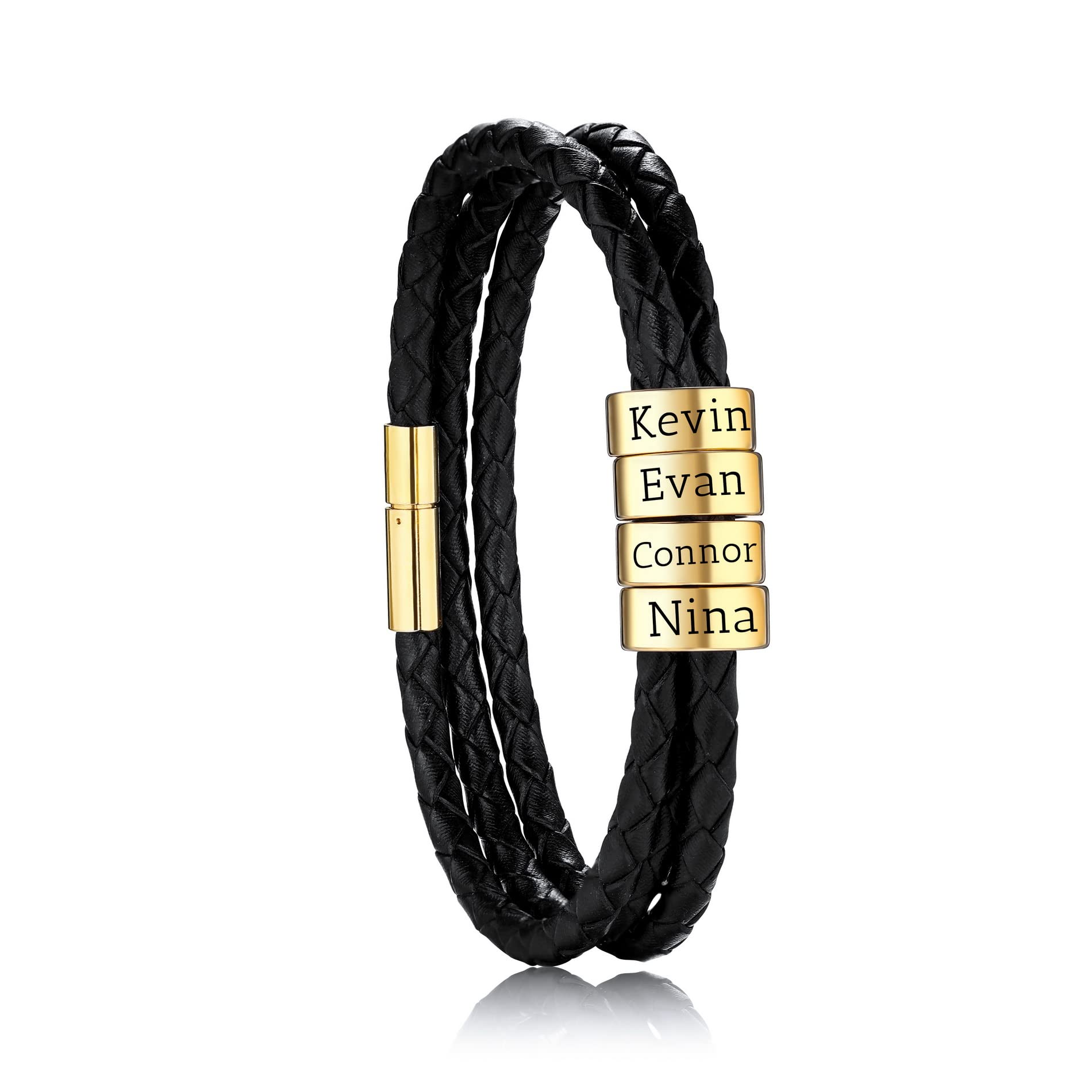 OTXIXTOPersonalizado 2-6 Nombres Pulseras Identificación Personalizada para Mujeres Hombres Cuero Genuino Perlas de Acero Inoxidable Brazalete Trenzado Dama de Honor Regalos Mejor Amigo