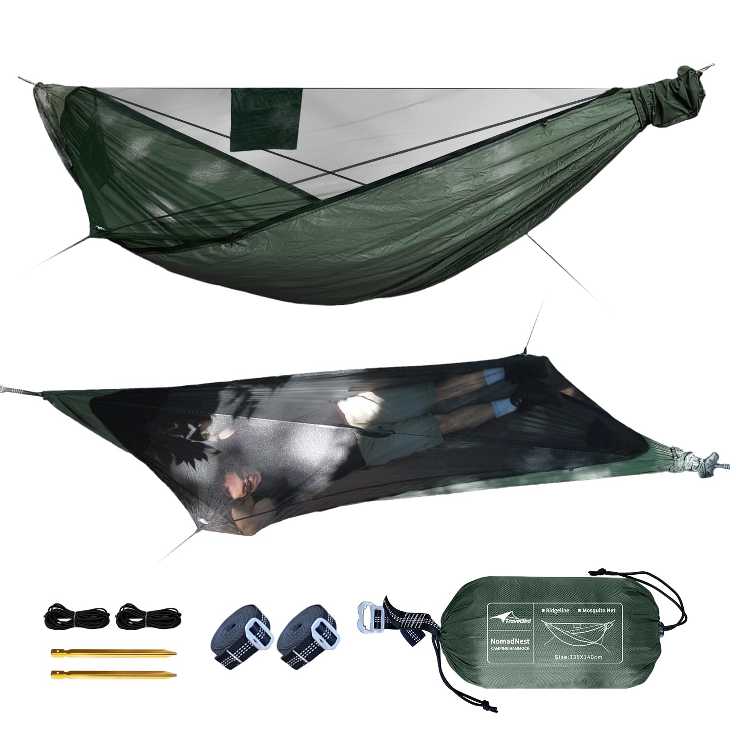 NomadNest - Hamaca de campamento de 11 pies con red y cuerda de cresta, malla desmontable completamente abierta, hamacas portátiles ligeras para camping, senderismo, mochilero
