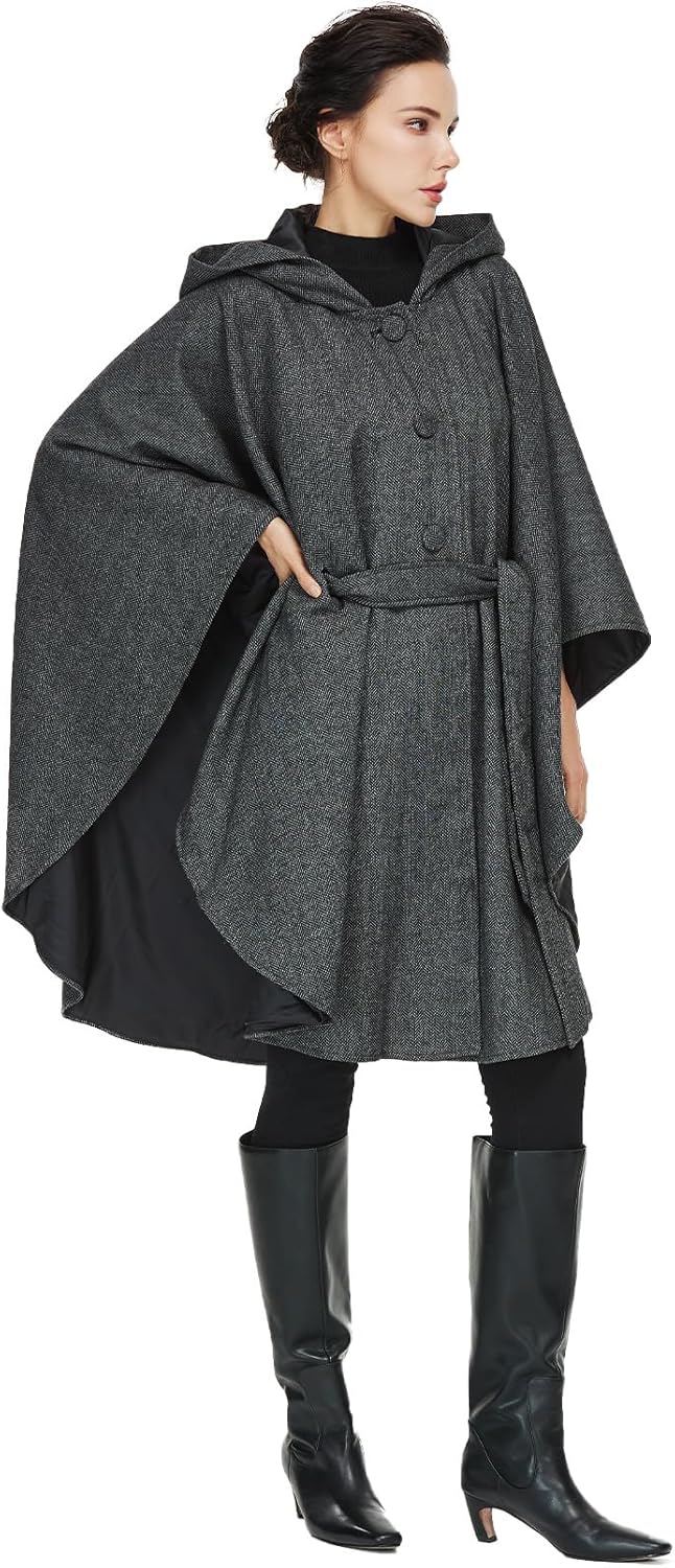Women Wool Cape Coat with Hood Sleeveless Belted Cloak Cape Poncho for Fall Winter - Image 4