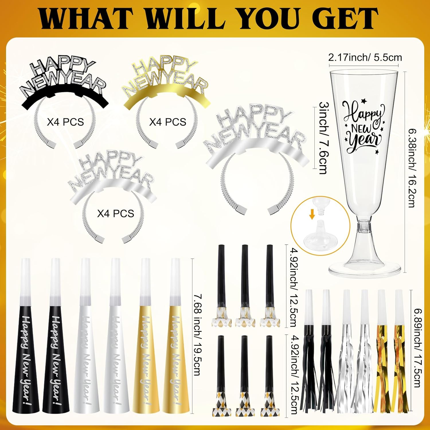 DPKOW New Years Eve Party Supplies Decorations 2026, 5 Oz Disposable Champagne Flutes HAPPY NEW YEAR Headbands NYE Noise Makers, Plastic Champagne Glasses Clear Party Cups Horns New Years Eve Headband