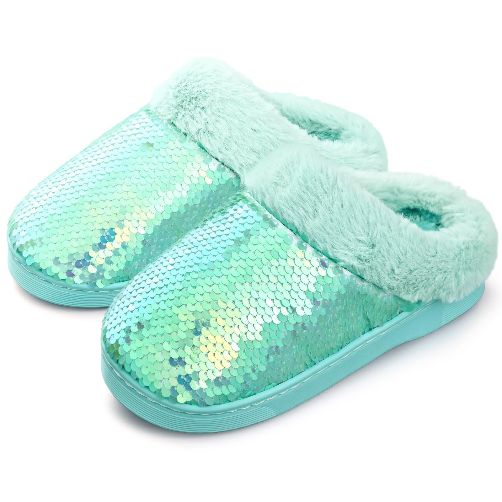 WateLves Girls Slippers Toddler Kids Plush Sequin Slip On Slippers Memory Foam Warm House Shoes for Indoor Outdoor