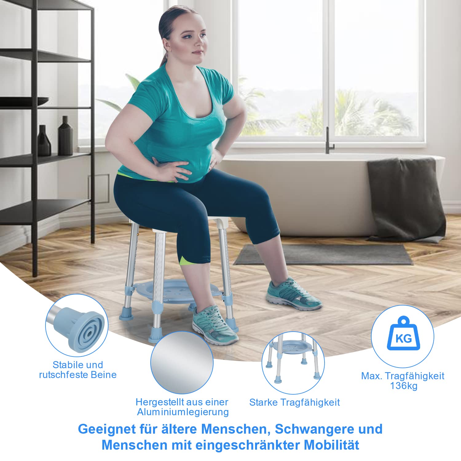 Taburete de ducha, altura regulable, giratorio 360°, capacidad de carga hasta 150 kg, silla de ducha, asiento de ducha, asiento de baño, para personas mayores y embarazadas, color azul y