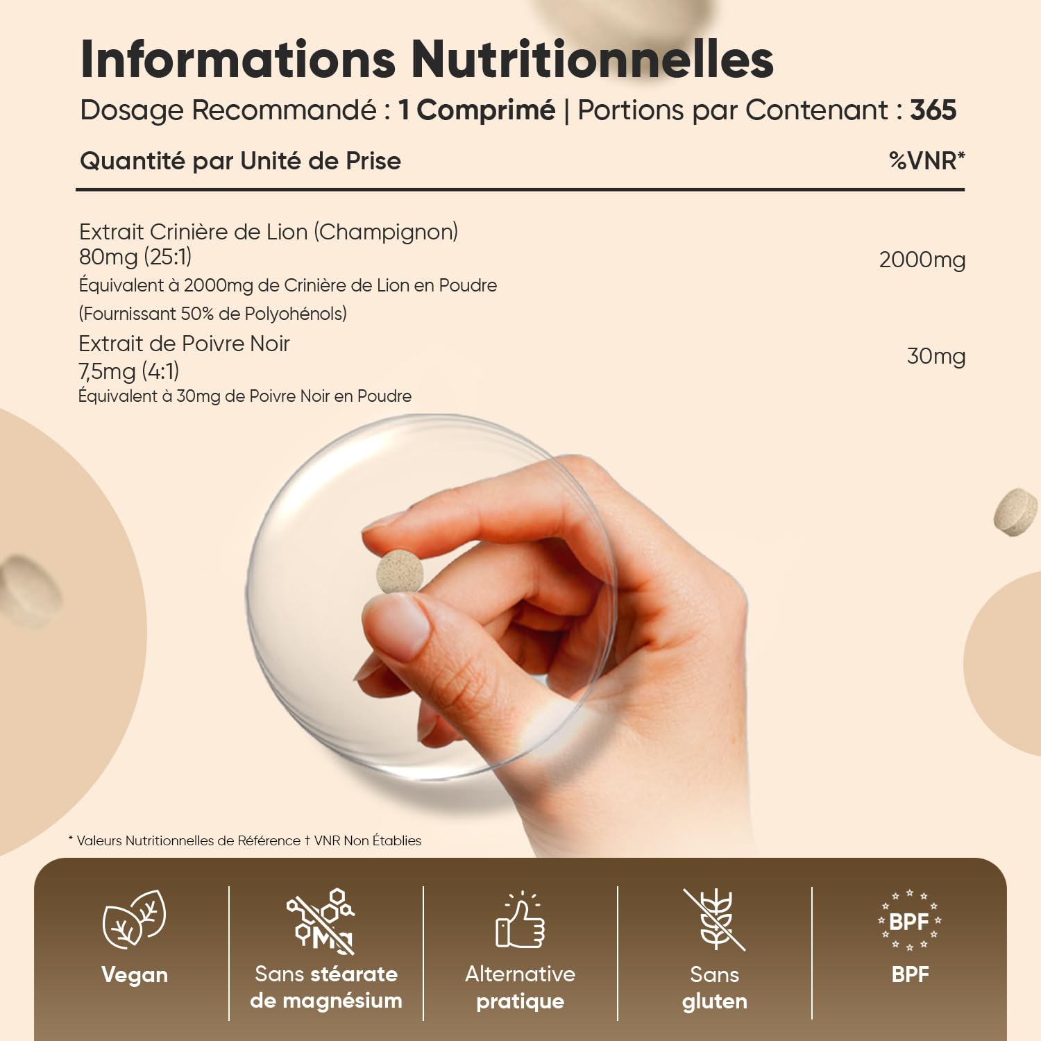 Lions Mane Champignon 2000mg 365 Micro-Comprimés Vegan (1 An), avec Poivre Noir Fournit 50% de Polyphénols, Extrait d'Hericium Erinaceus 25:1 Champignon Crinière de Lion sans Stearate de Magnésium
