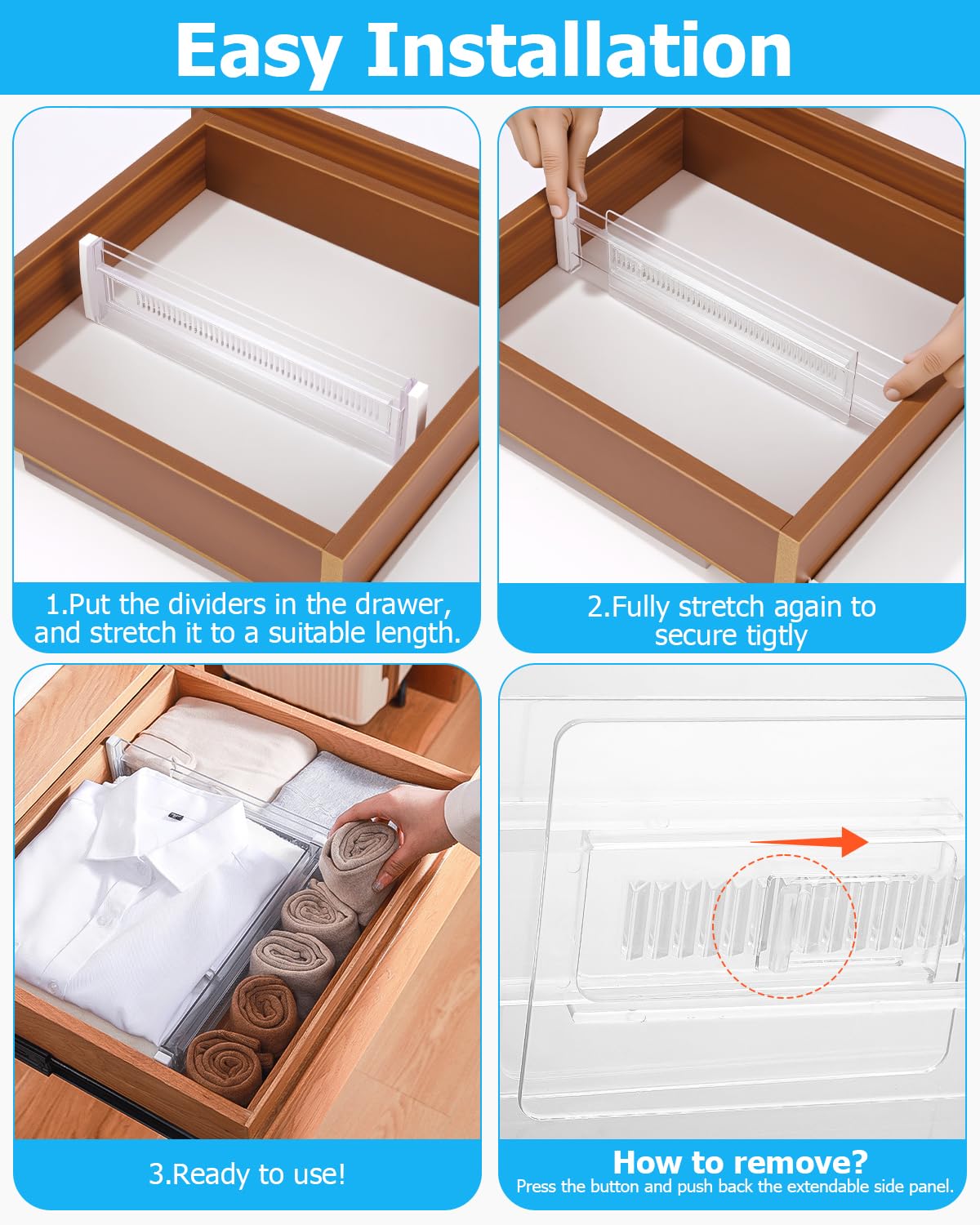 Divisores de Cajones Ajustables 8 Paquetes Separadores Expandibles 28.5-50.5cm Organizador Transparente